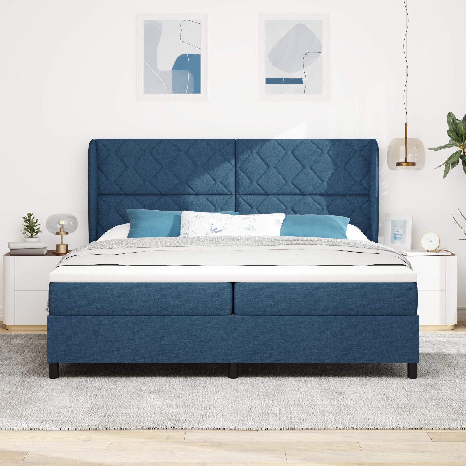 Box Spring Bed with Mattress - Blue, 200x200 cm, Fabric - Image 5