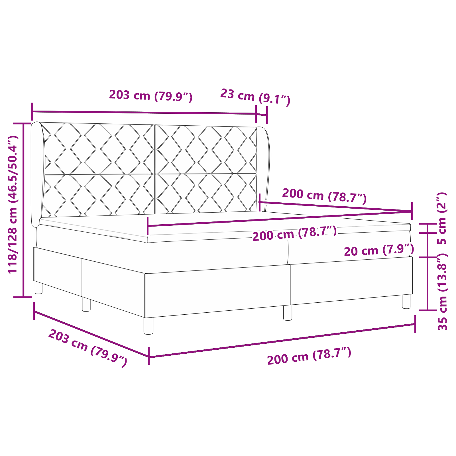 Box Spring Bed with Mattress - Blue, 200x200 cm, Fabric - Image 11