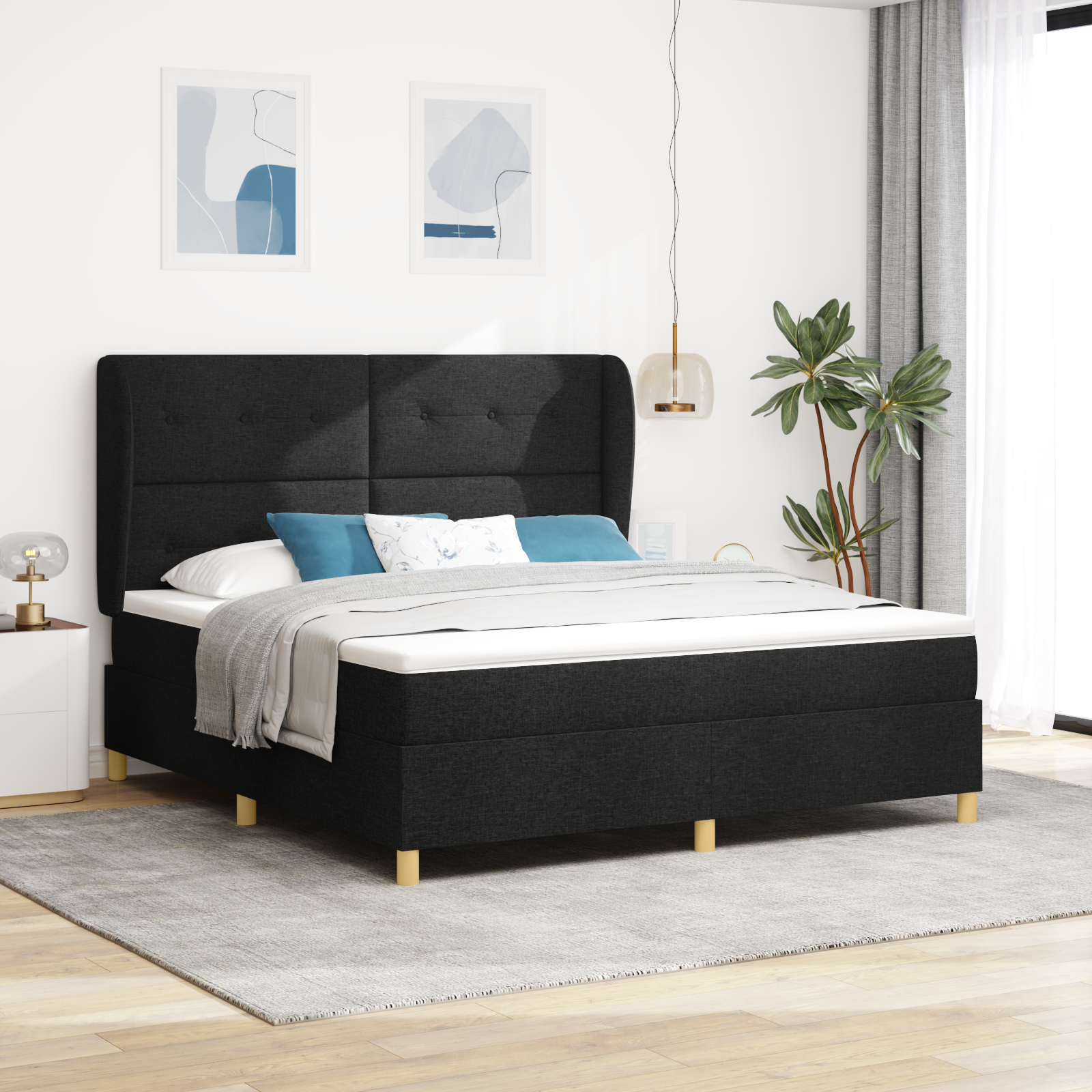 Box Spring Bed with Mattress Black 180x200 cm Fabric