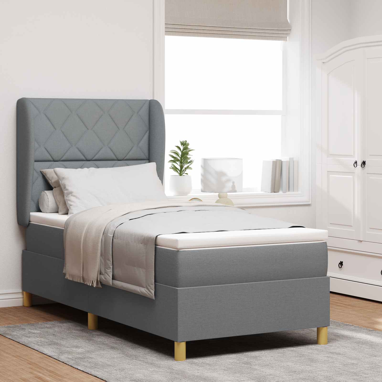 Box Spring Bed with Mattress - Light Grey - 90x200 cm Fabric