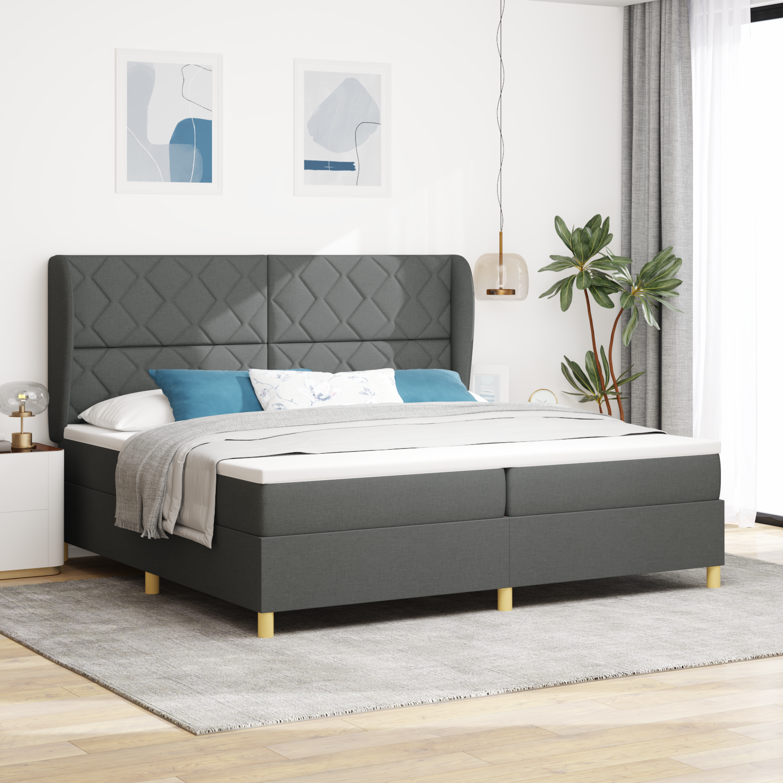 Letto Box Spring con Materasso Grigio Scuro 200x200 cm Tessuto