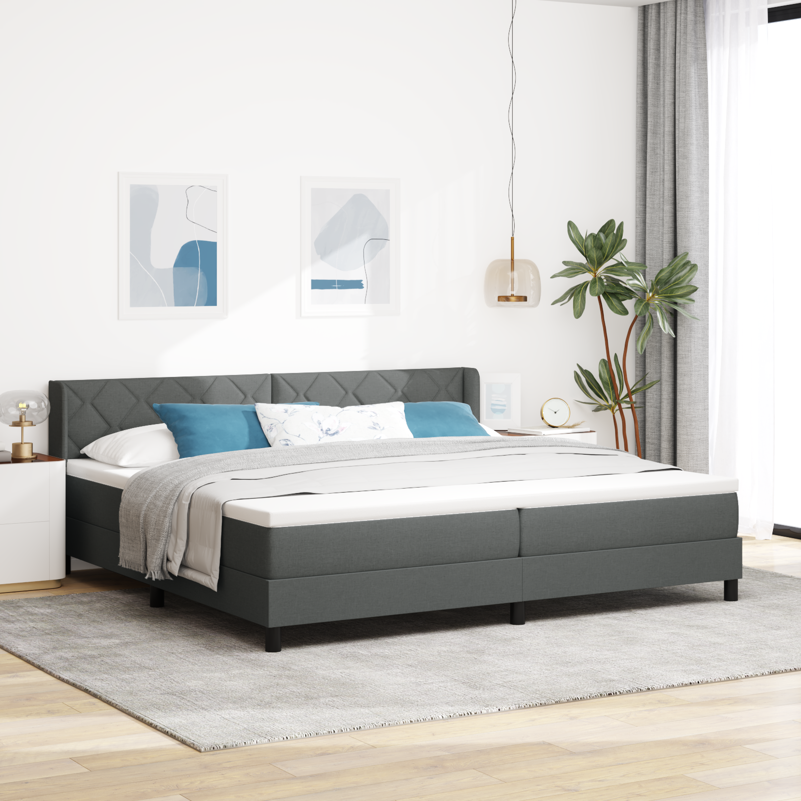 Thumbnail - vidaXL Boxspringbett mit Matratze in Dunkelgrau, 200 x 200 cm aus Stoff.