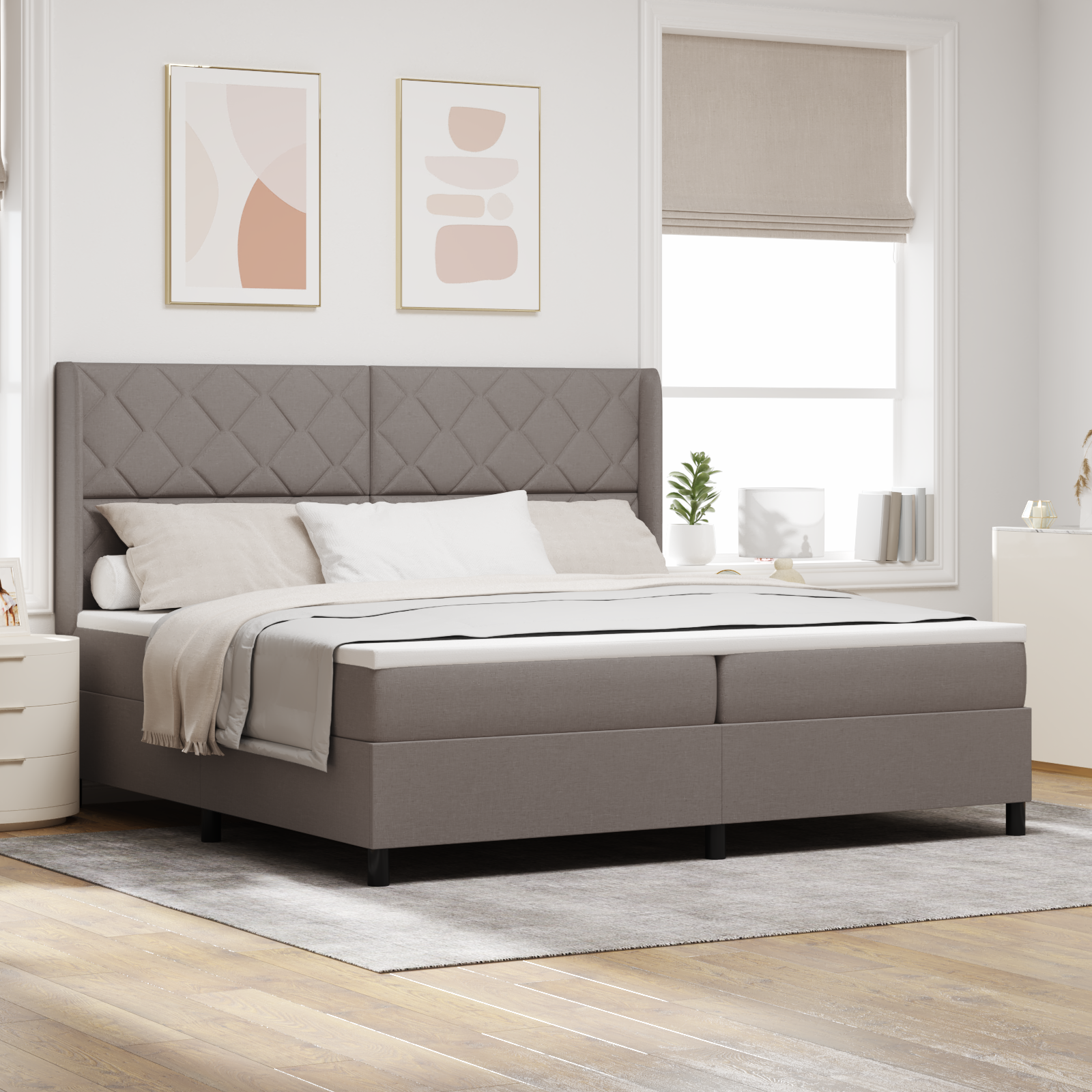 Box Spring Bed with Mattress - Taupe, 200x200 cm, Fabric