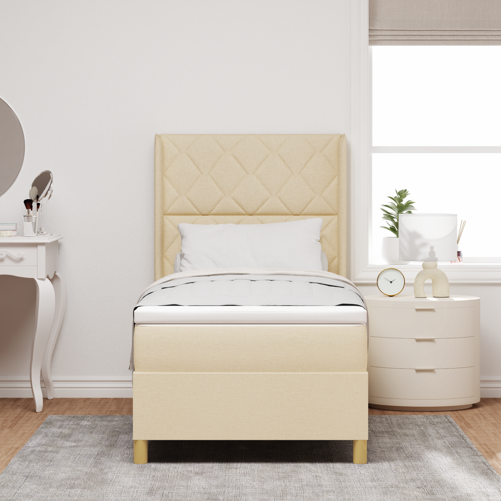 Box Spring Bed with Mattress in Cream - 90x200 cm Fabric