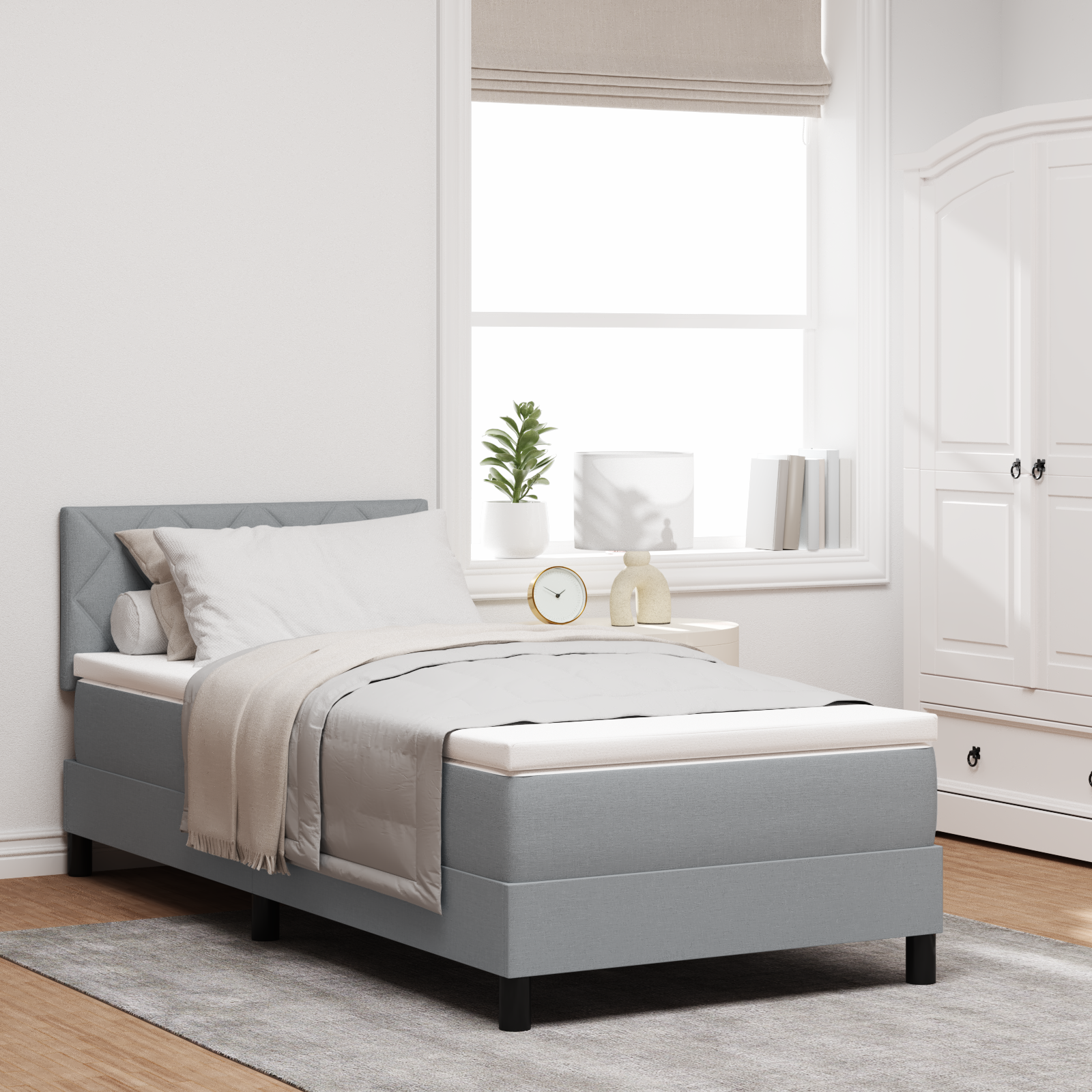 Box Spring Bed with Mattress & LED Light Grey 90x190 cm Fabric