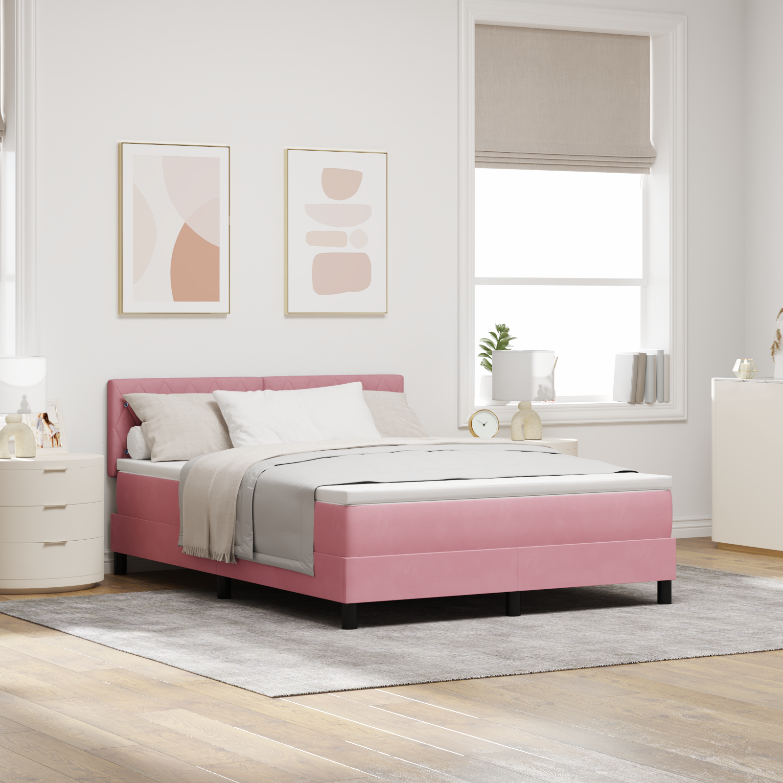 Letto Box Spring con Materasso e LED Rosa 140x190 cm Velluto