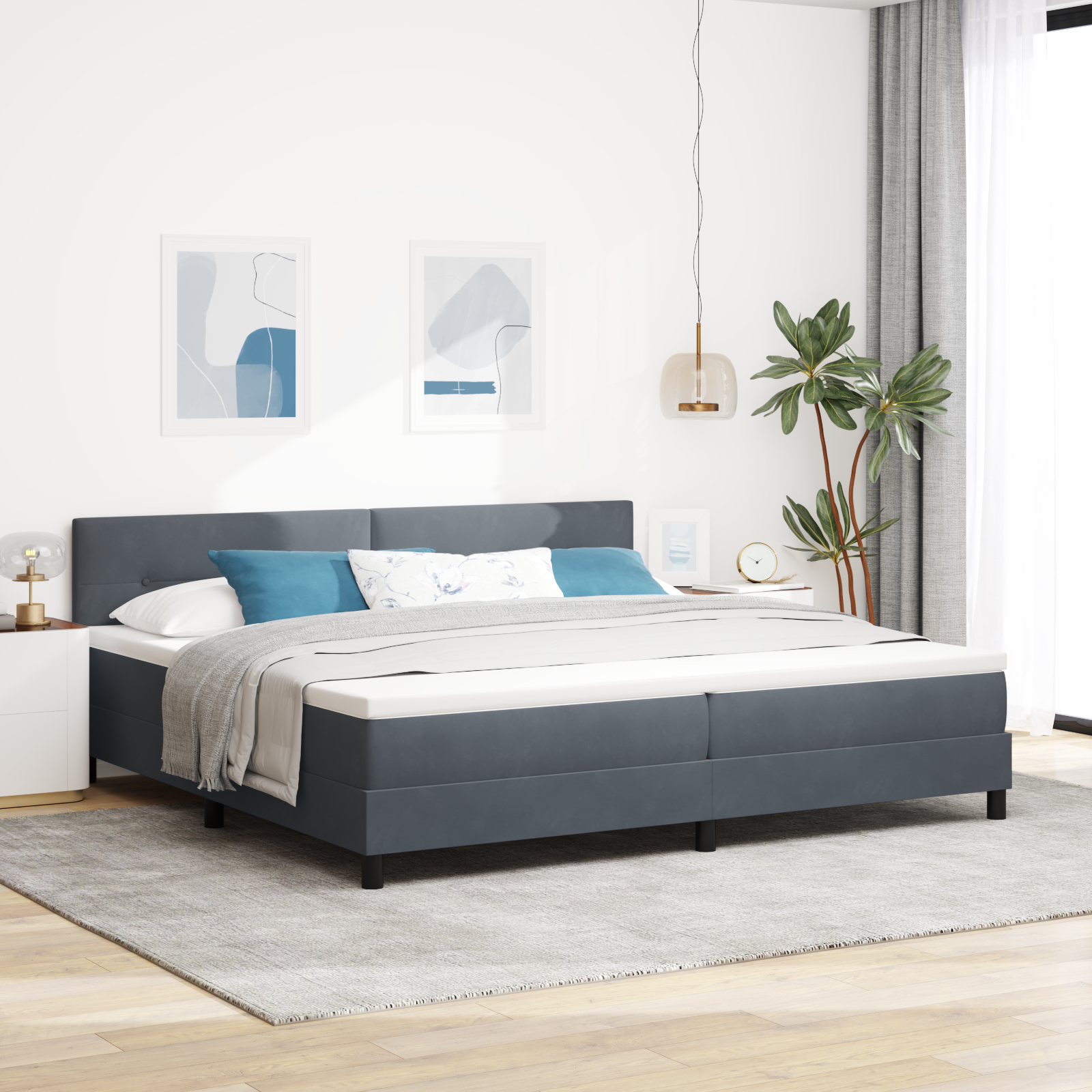 Letto Box Spring con Materasso e LED Grigio Scuro 200x200 cm Velluto