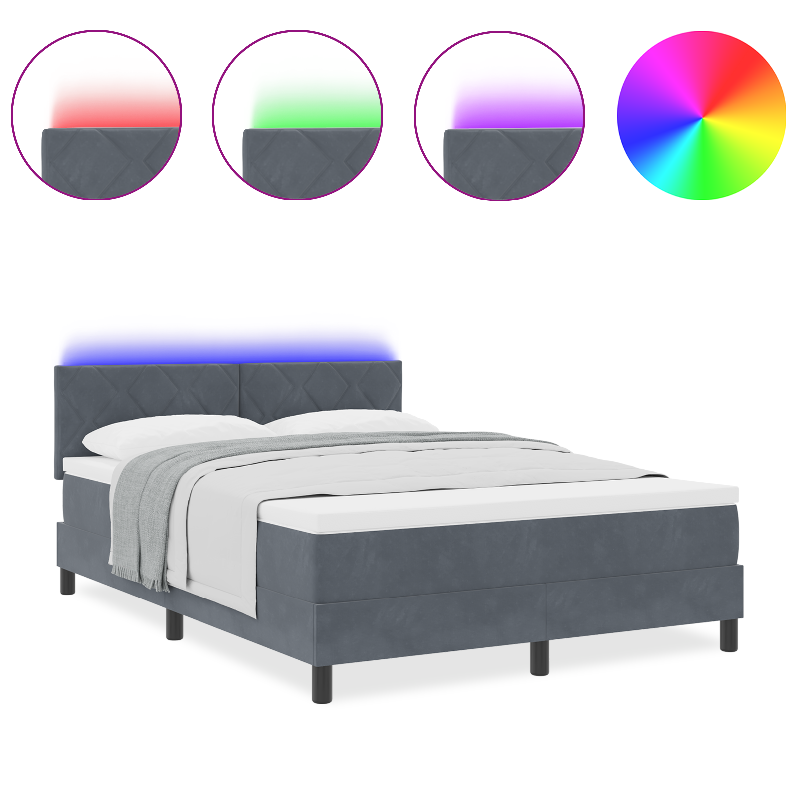 Lovos pagrindas su čiužiniu ir LED tamsiai pilkas 160x200 cm aksomas - Image 4
