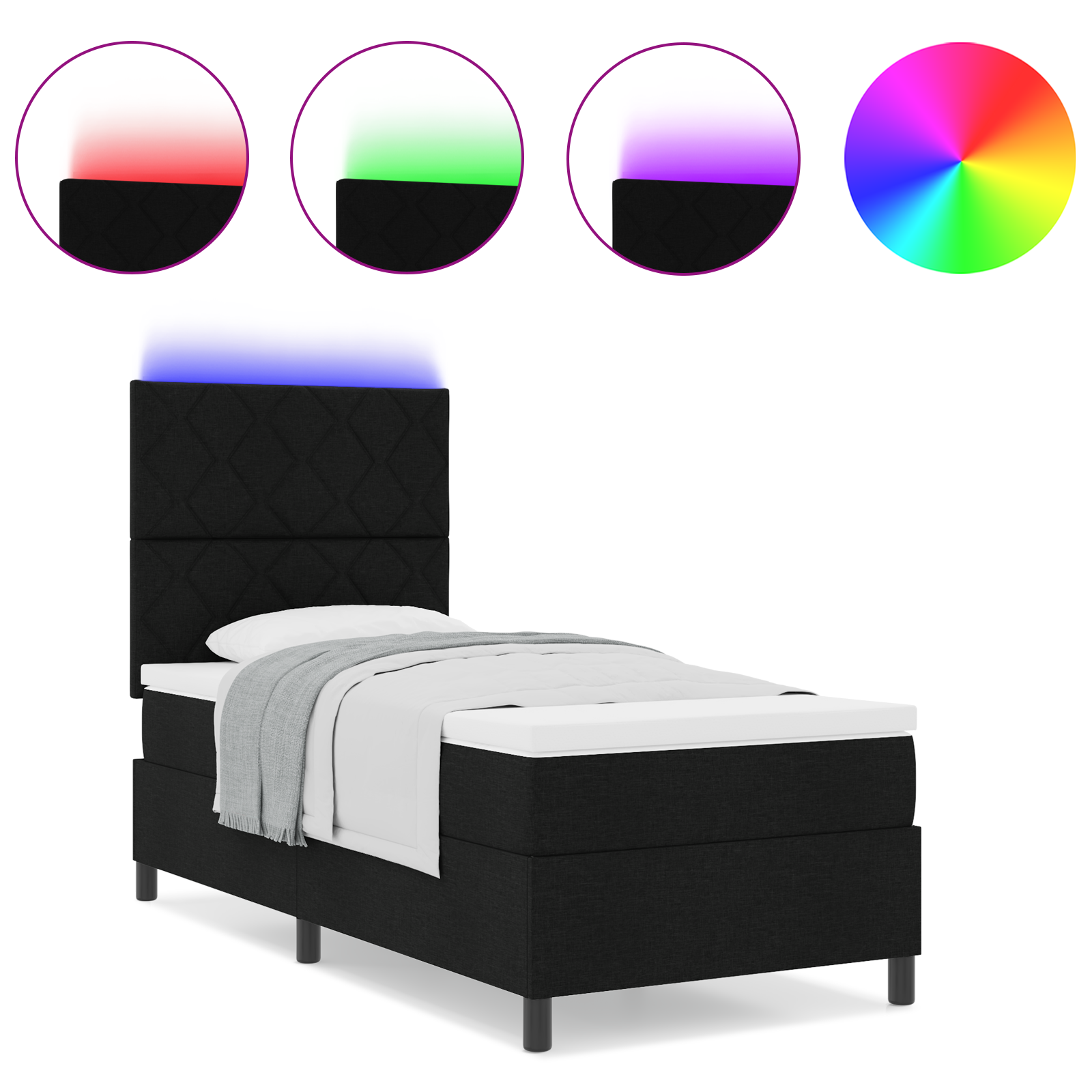 Box Spring Bed with Mattress & LED Black 90x190 cm Fabric - Image 4