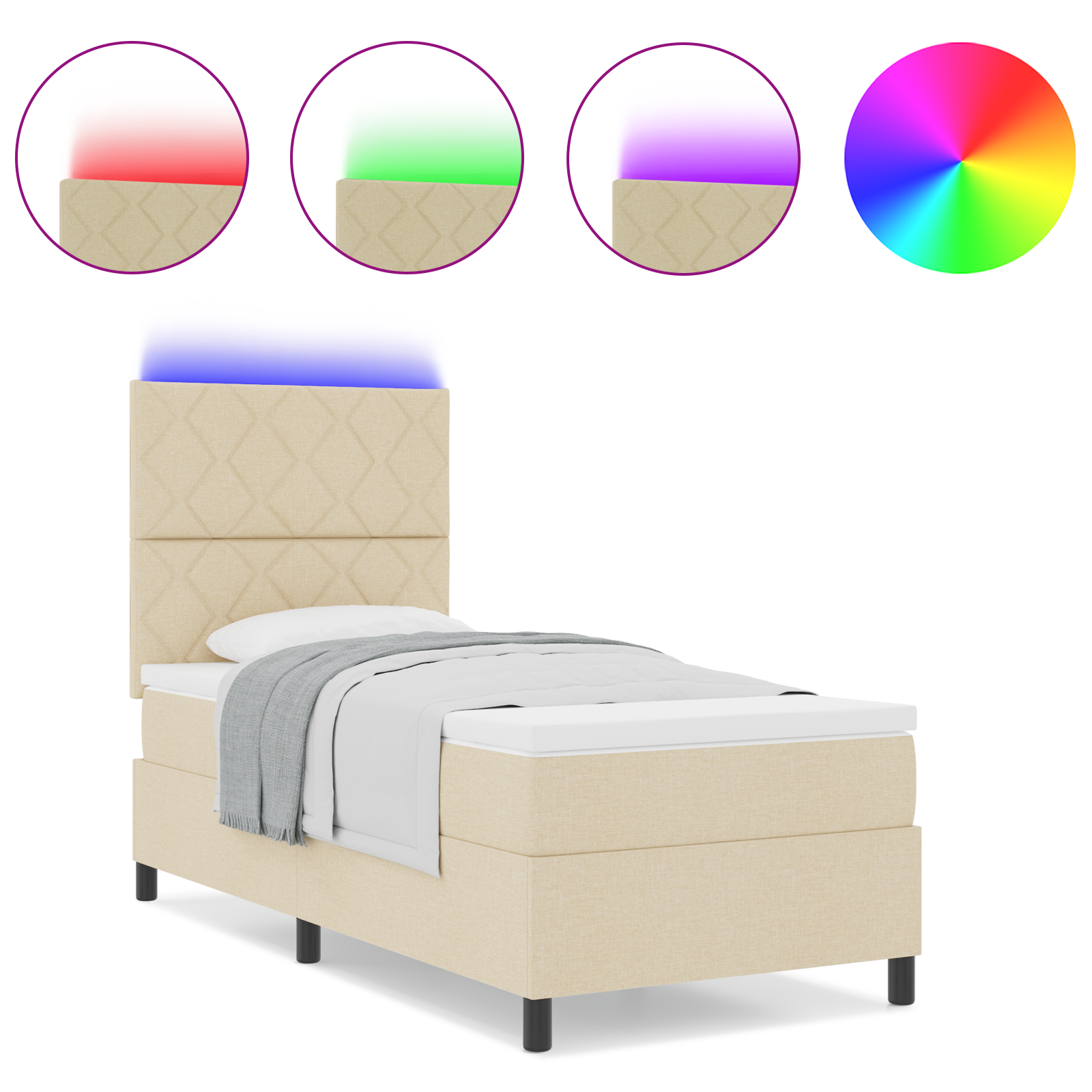 Box Spring Bed with Mattress & LED Cream 100x200 cm Fabric - Image 4