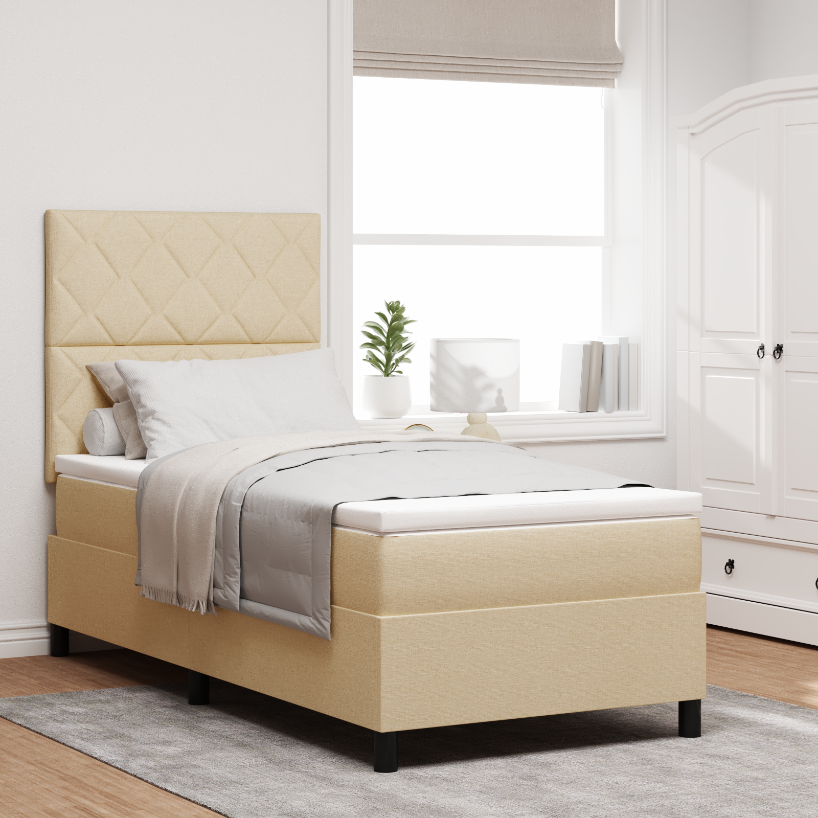 Box Spring Bed with Mattress & LED Cream 100x200 cm Fabric