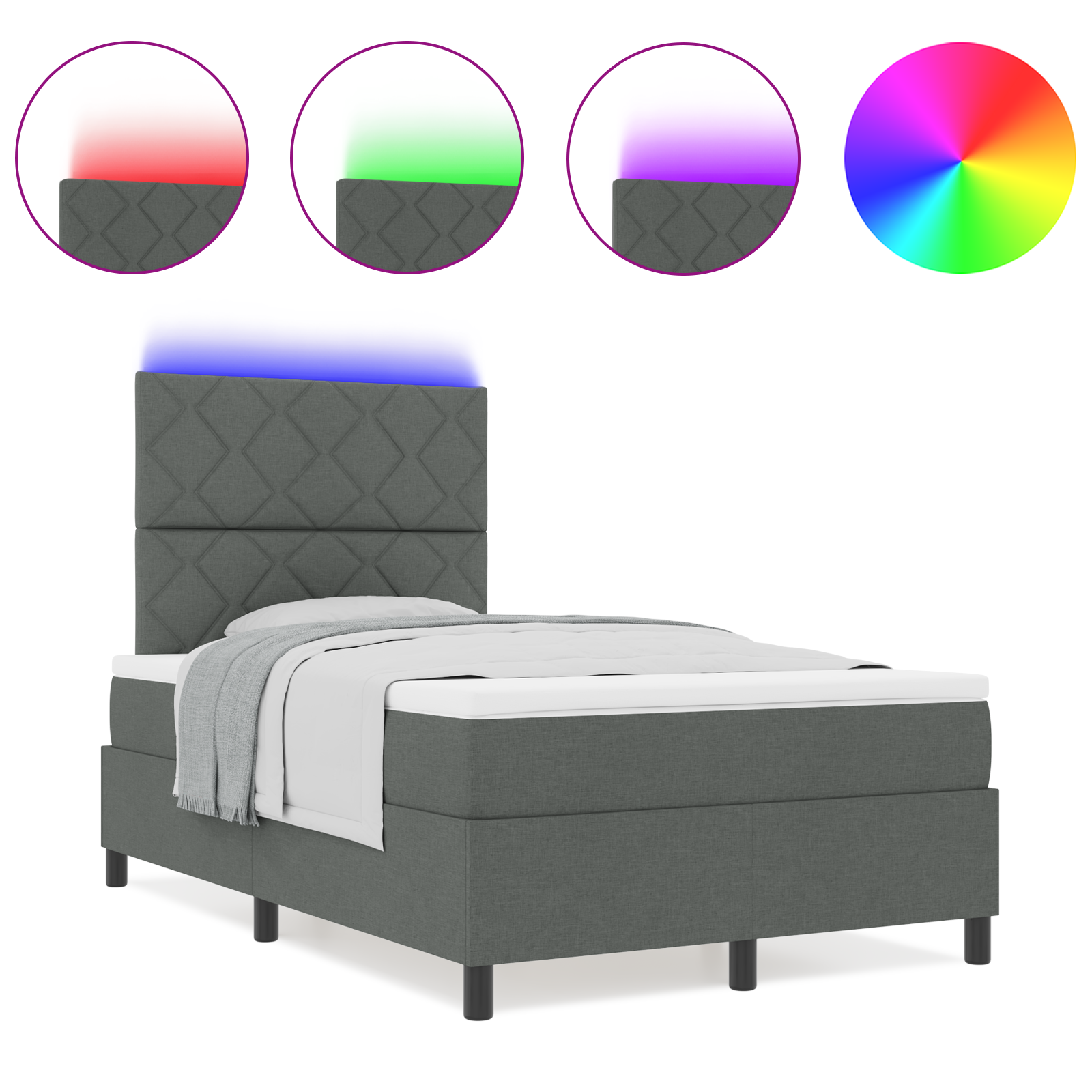 bokso lova su čiužiniu ir LED tamsiai pilka 120x190 cm audiniu - Image 4