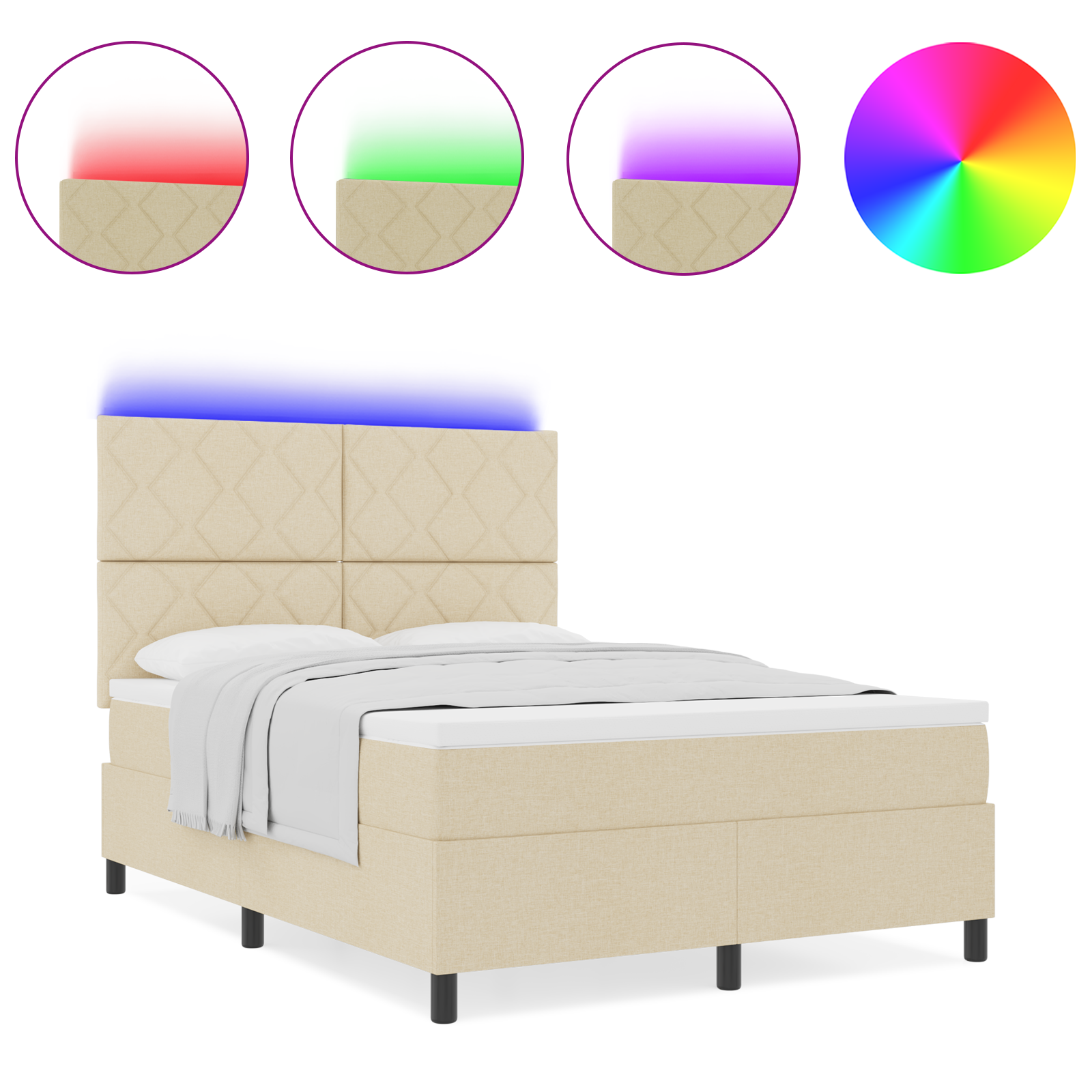 Box Spring Bed with Mattress & LED Cream 140x200 cm Fabric - Image 4
