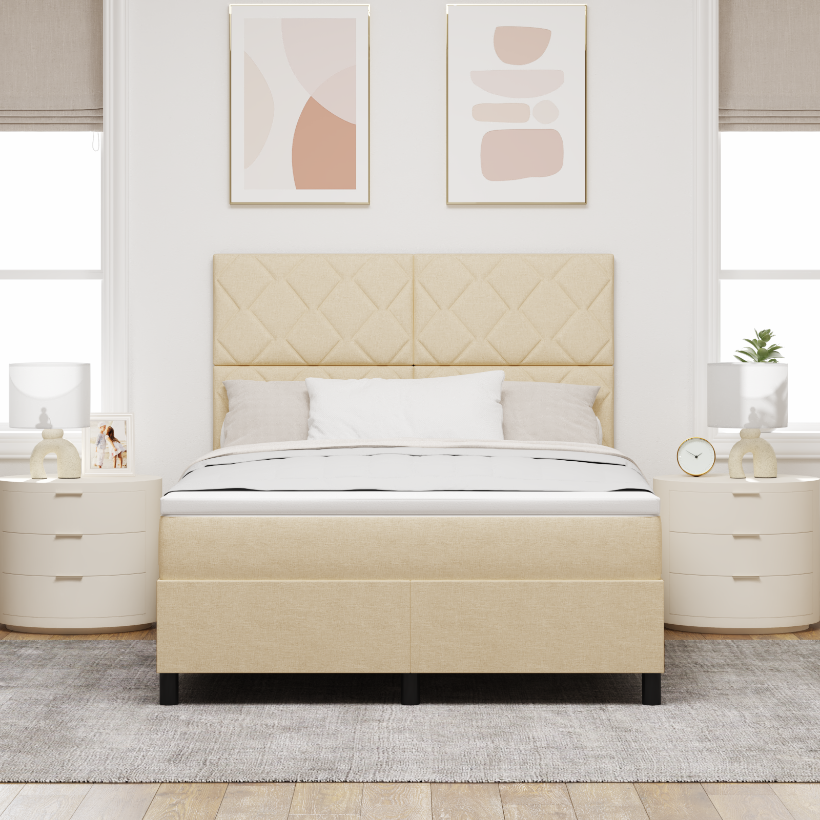 Box Spring Bed with Mattress & LED Cream 140x200 cm Fabric - Image 5