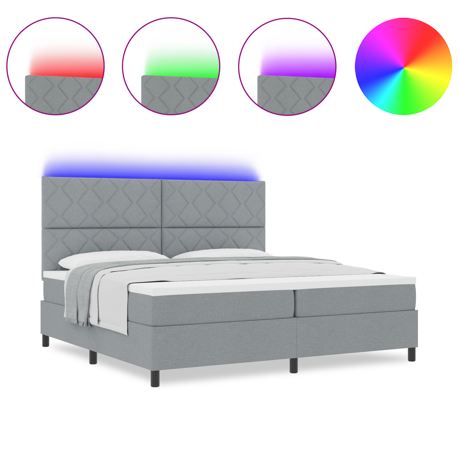 Box Spring Bed with Mattress & LED Light Grey 200x200 cm Fabric - Image 4