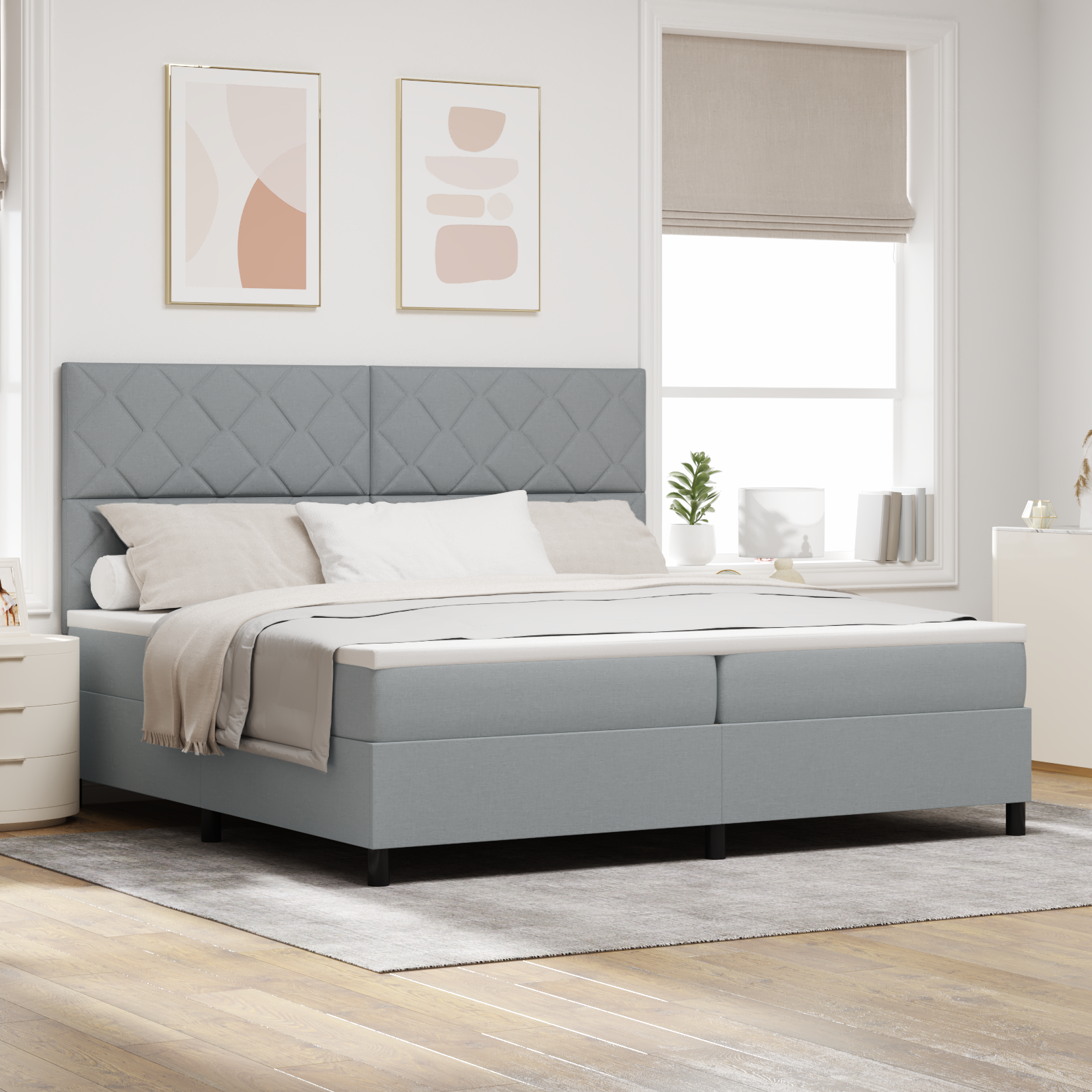 Thumbnail - vidaXL Boxspringbett mit Matratze & LED-Licht, Hellgrau, 200 x 200 cm, Stoff