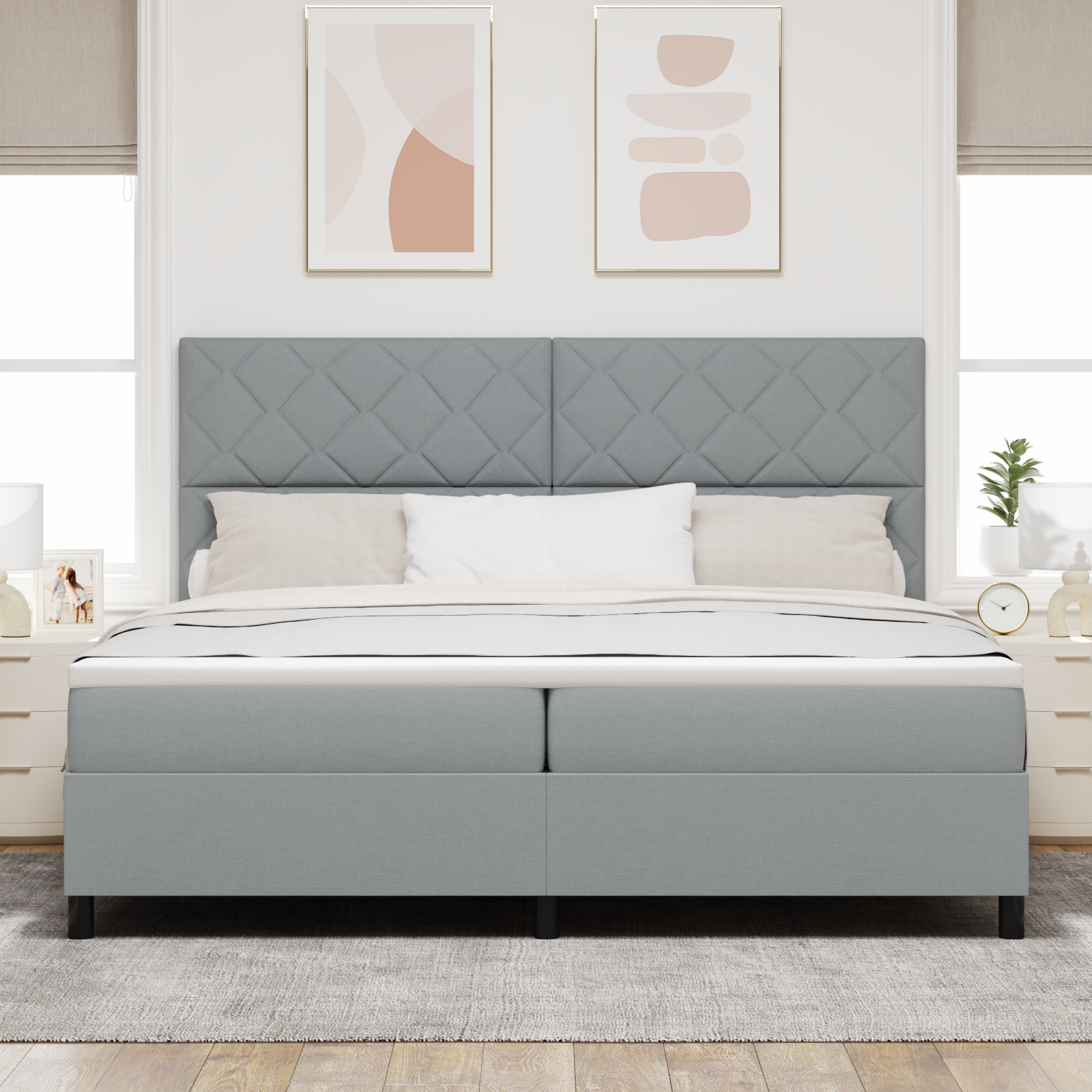 Box Spring Bed with Mattress & LED Light Grey 200x200 cm Fabric - Image 5