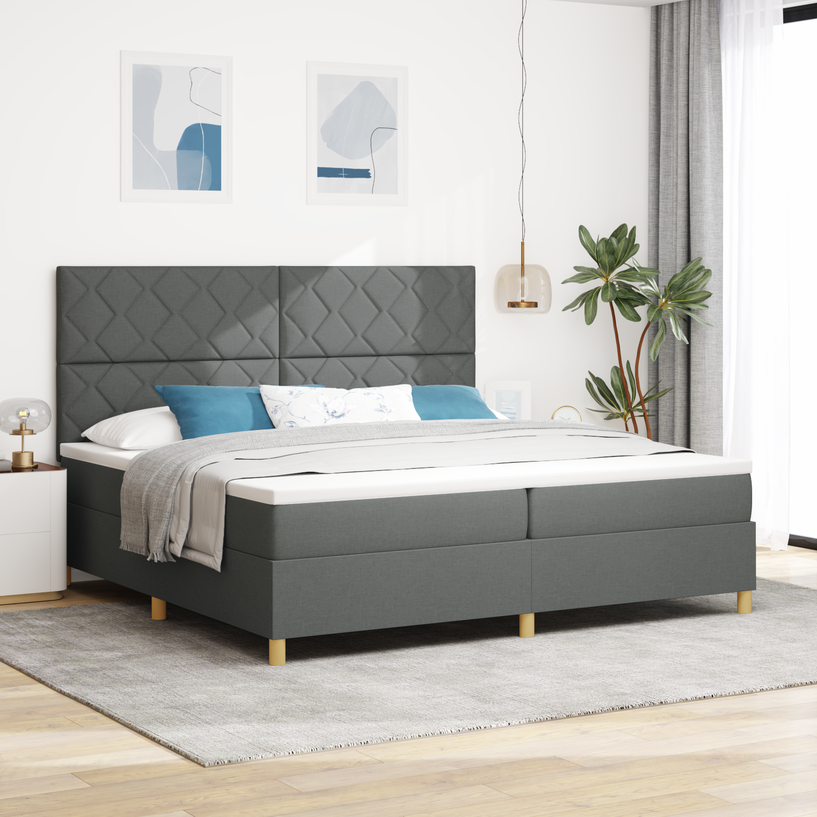 Letto Box Spring con Materasso & LED Grigio Scuro 200x200 cm in Tessuto