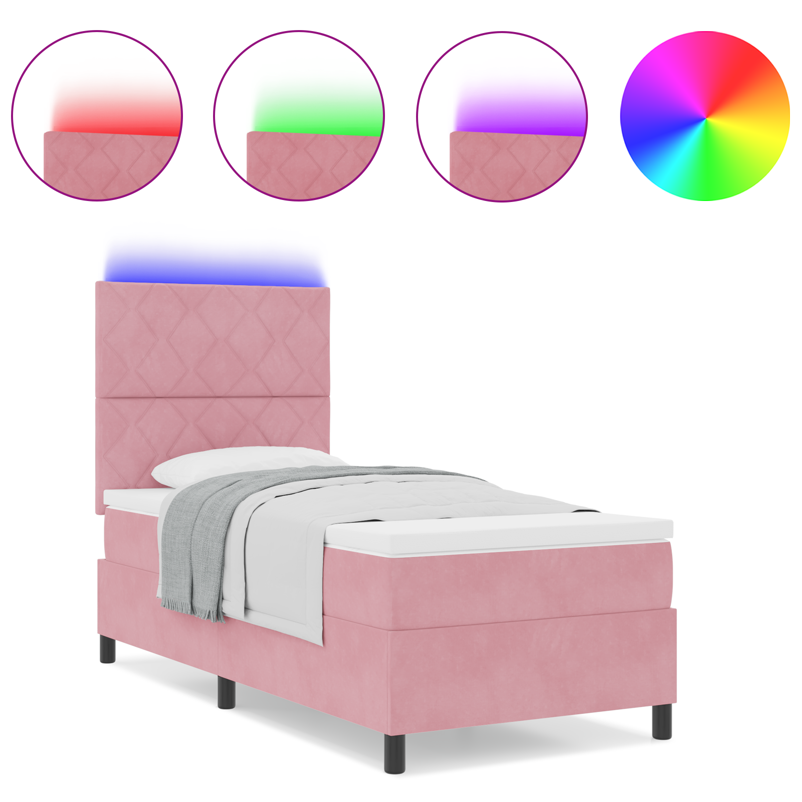 Box Spring Bed with Mattress & LED Pink 90x190 cm Velvet - Image 4