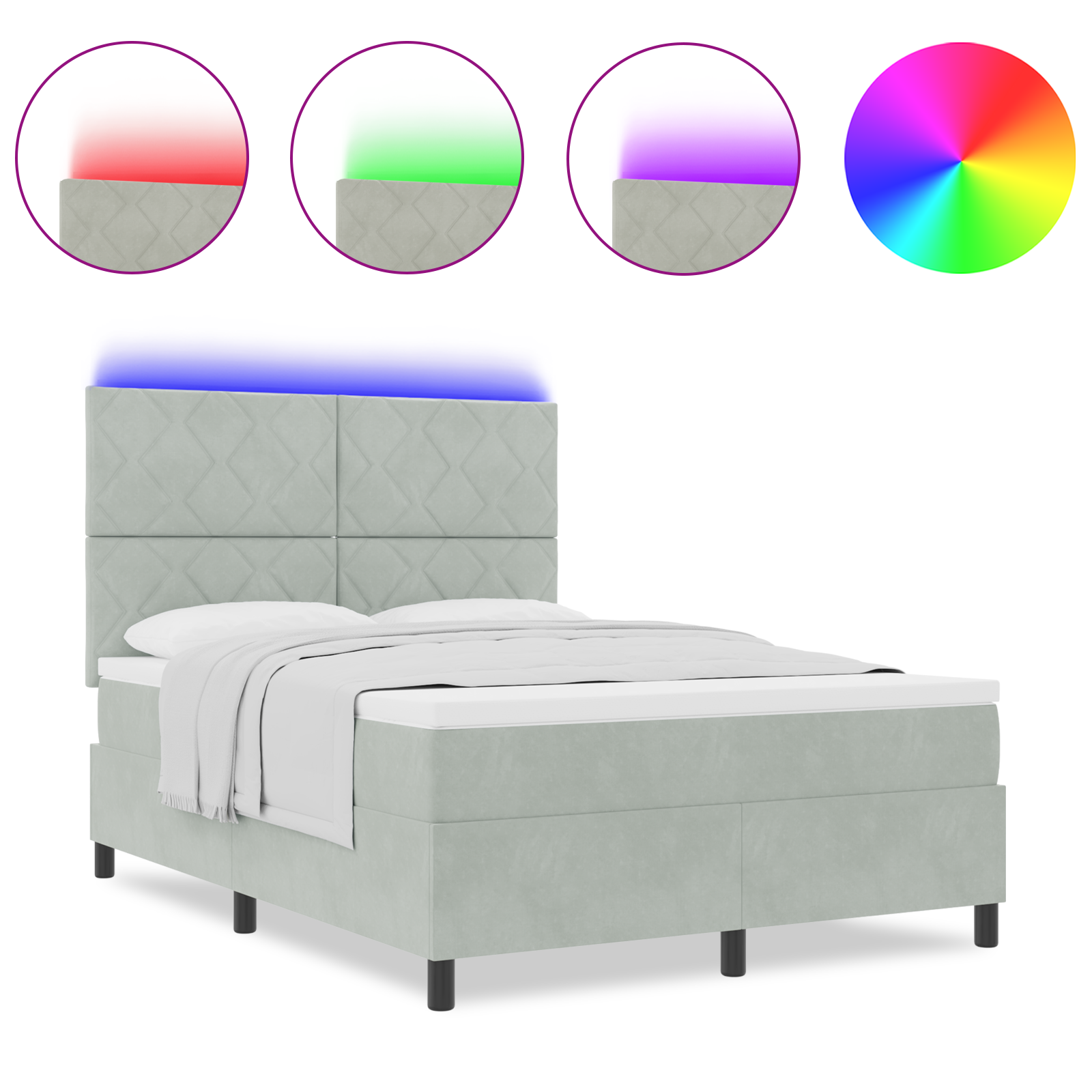 Komfortiška lova su čiužiniu ir LED apšvietimu Šviesiai pilka 140x190 cm Aksomas - Image 4