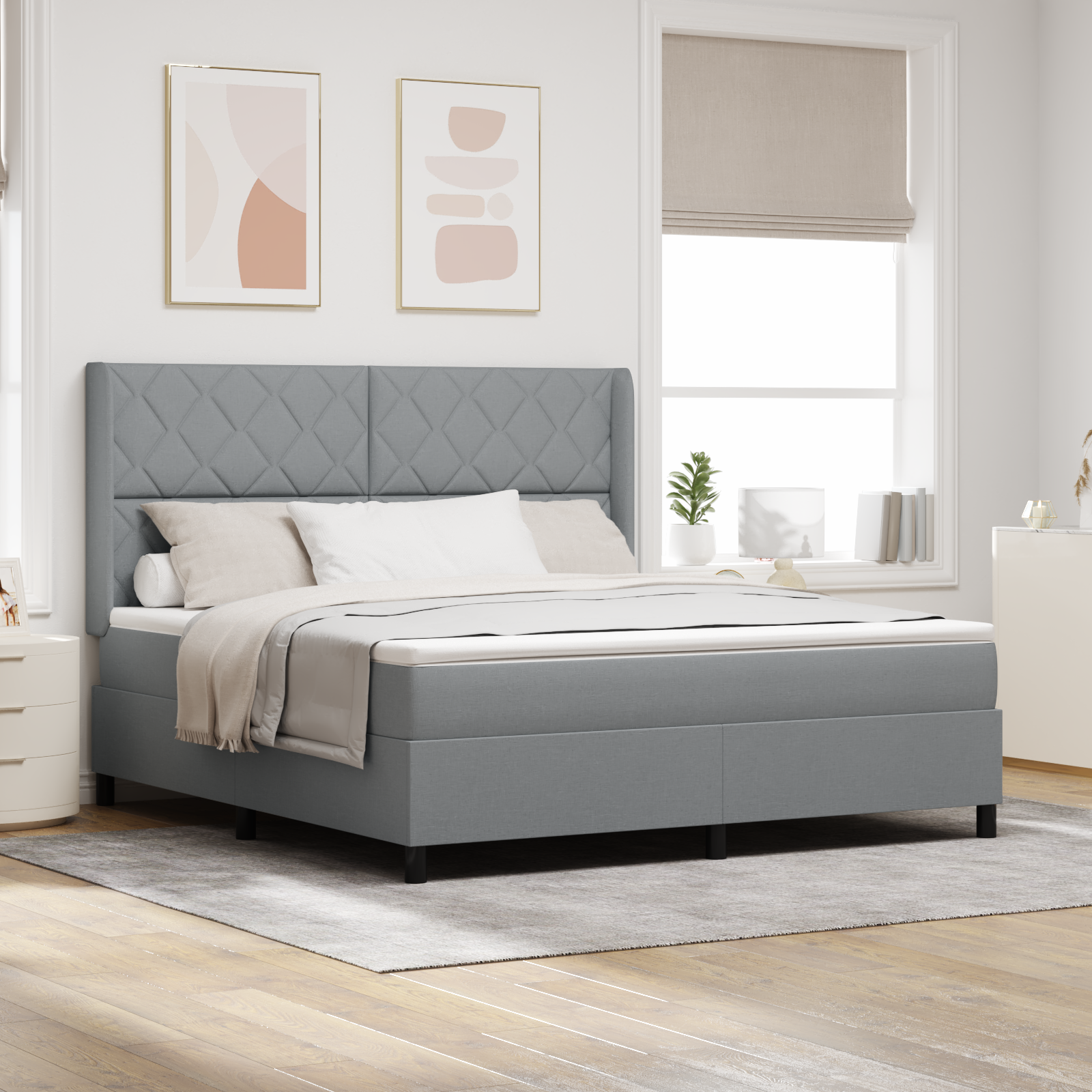 Thumbnail - vidaXL Boxspringbett mit Matratze und LED Licht in Hellgrau, 180x200 cm, aus Stoff.