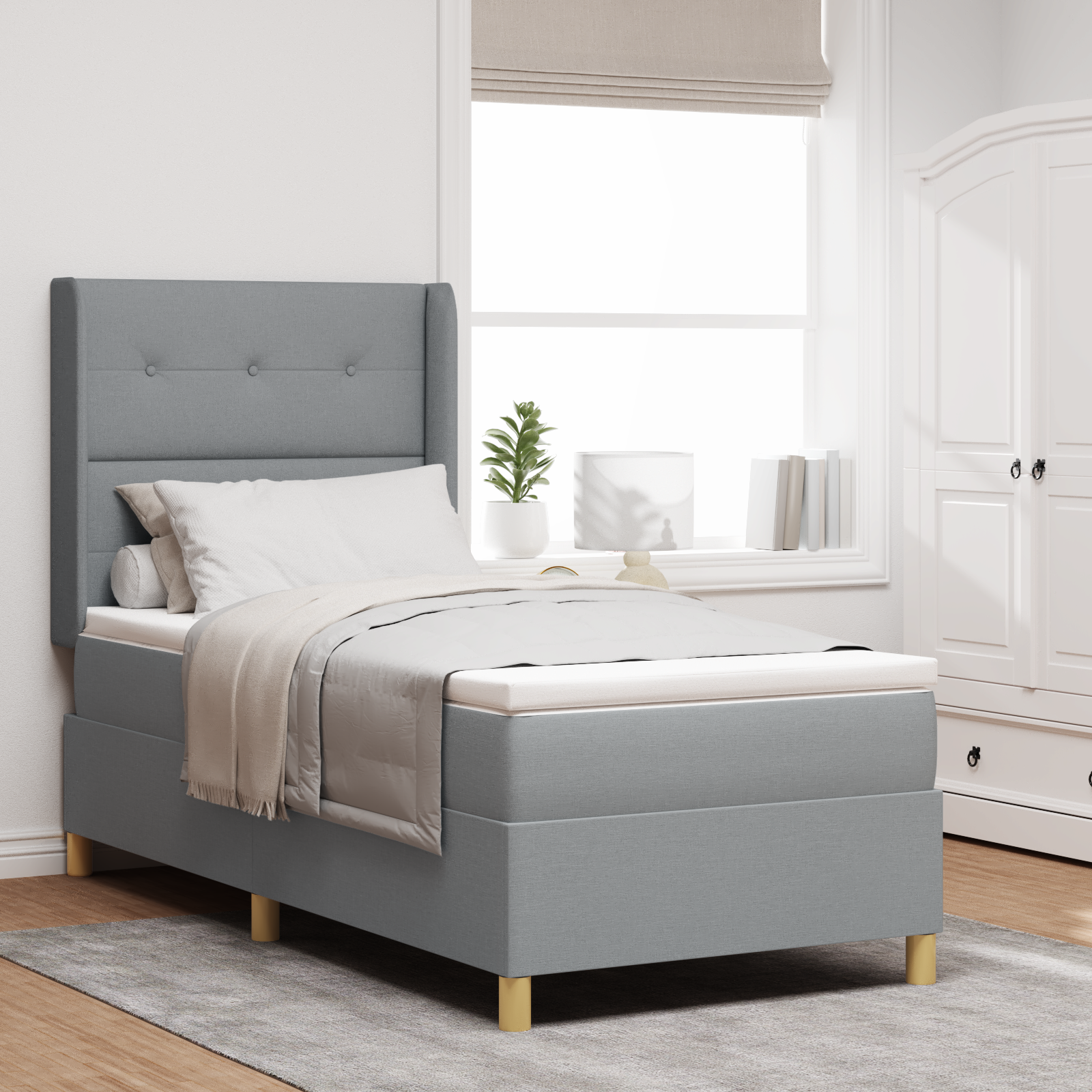 Letto Box Spring con Materasso e Luce LED Grigio Chiaro 80x200 cm in Tessuto