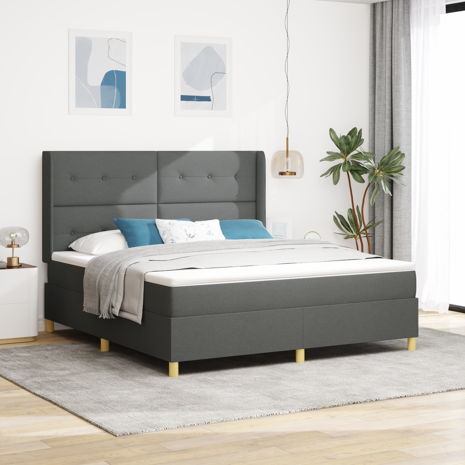Box Spring Bed con Materasso e LED Grigio Scuro 180x200 cm Tessuto