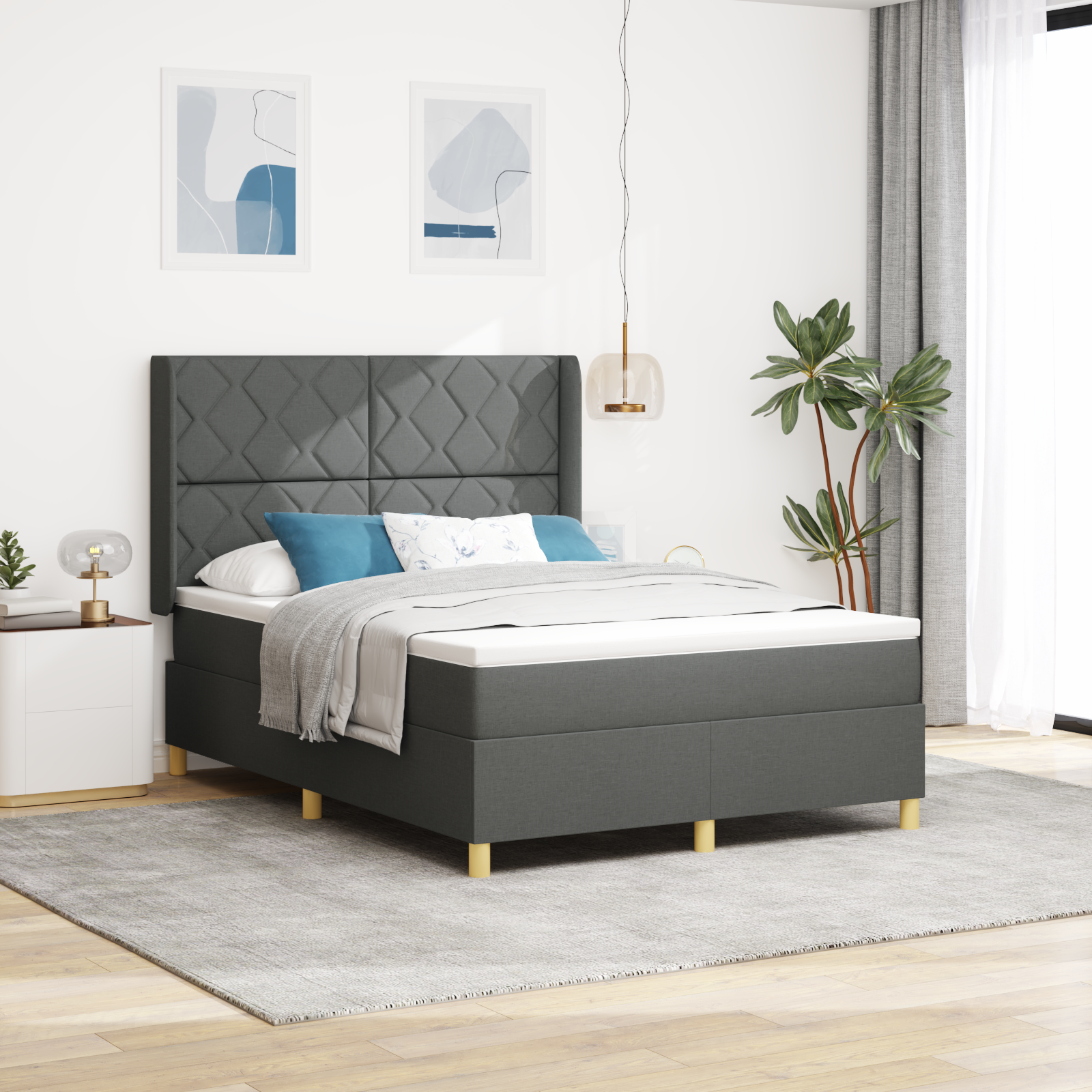Box Spring Bed with Mattress & LED Dark Grey 160x200 cm Fabric