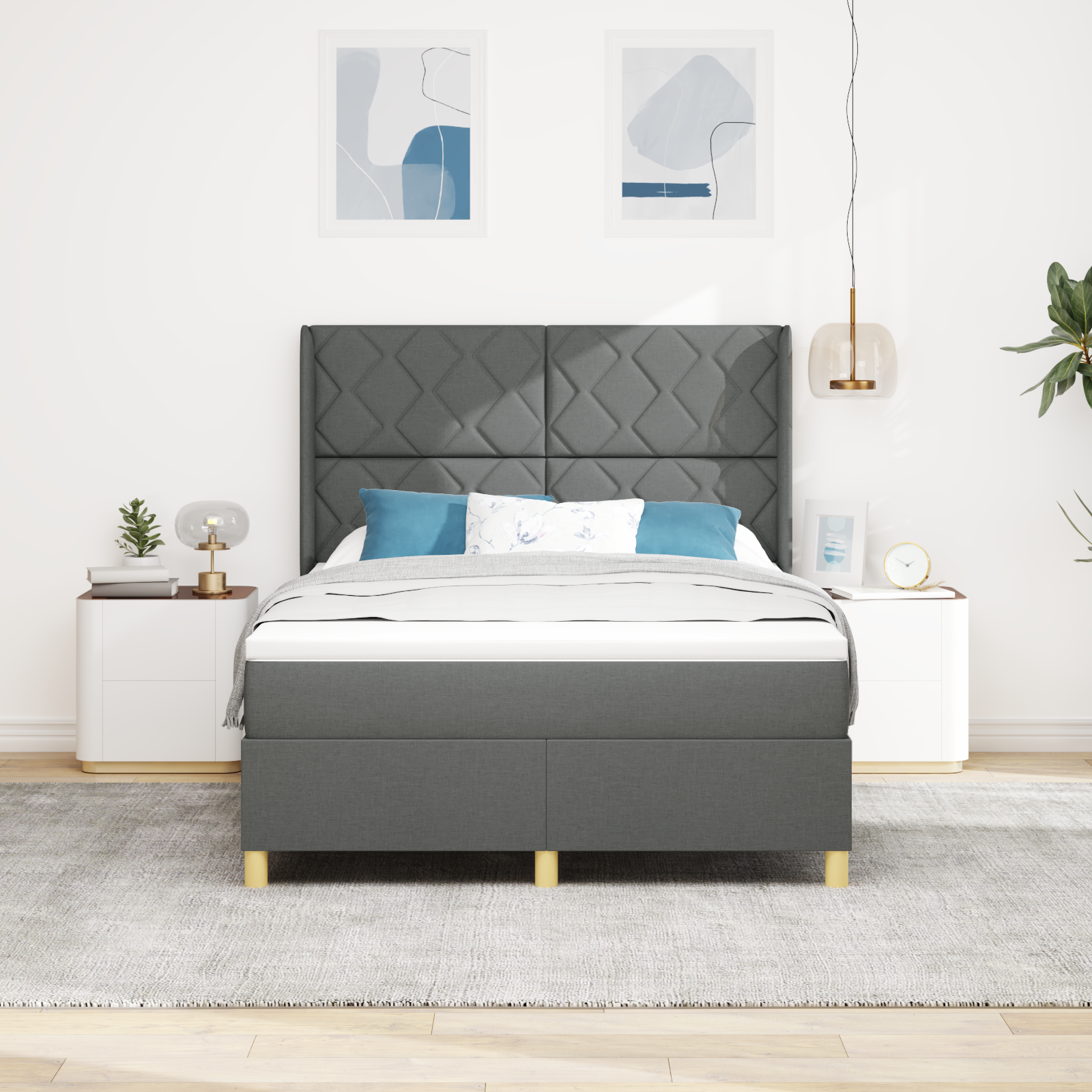 Box Spring Bed with Mattress & LED Dark Grey 160x200 cm Fabric - Image 5