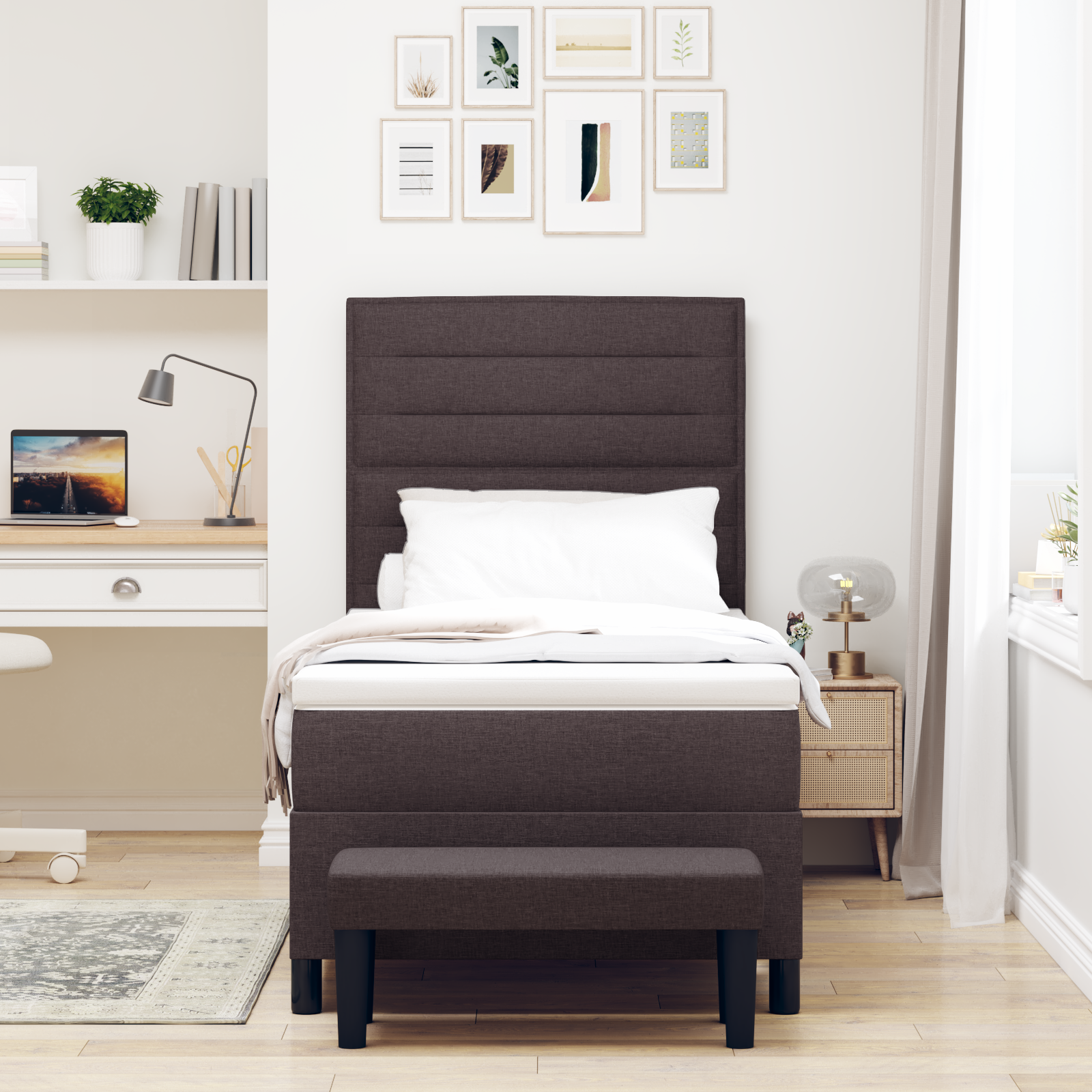 Karkasinė lova su čiužiniu ir suoleliu tamsiai ruda 90x190 cm - Image 5