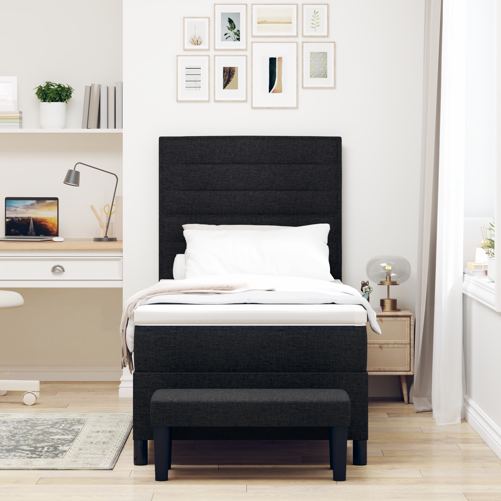 Dėžės pavasario lova su čiužiniu ir suoleliu juoda 100x200 cm audinys - Image 5