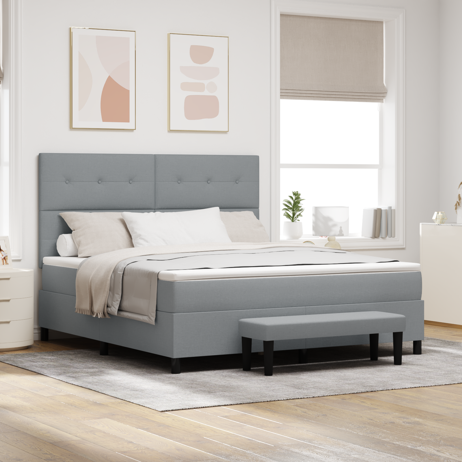 Letto con Box Spring con Materasso & Panchina Grigio Chiaro 180x200 cm Tessuto