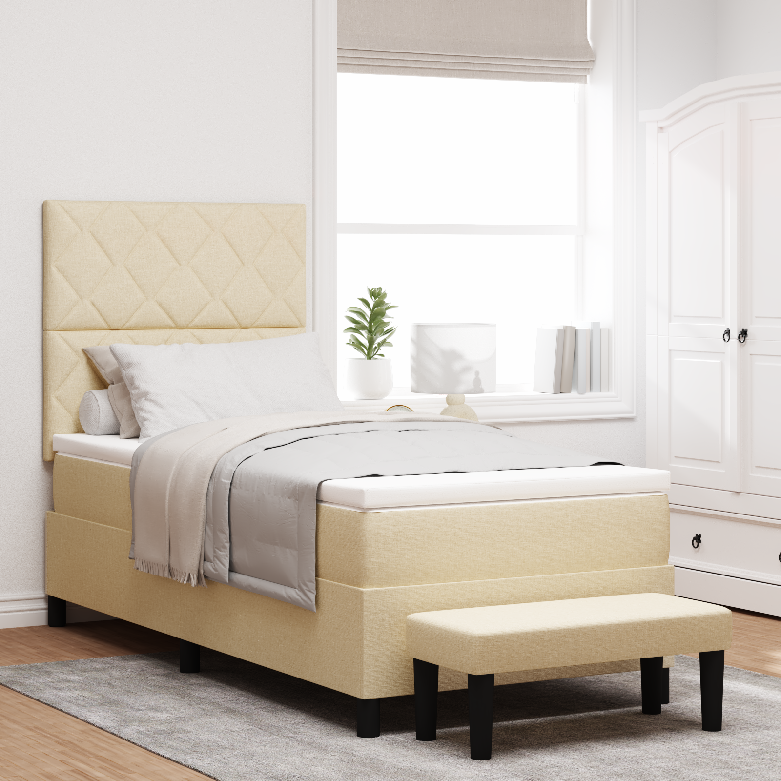 Thumbnail - vidaXL Boxspringbett mit Matratze & Bank Creme 100x200 cm Stoff