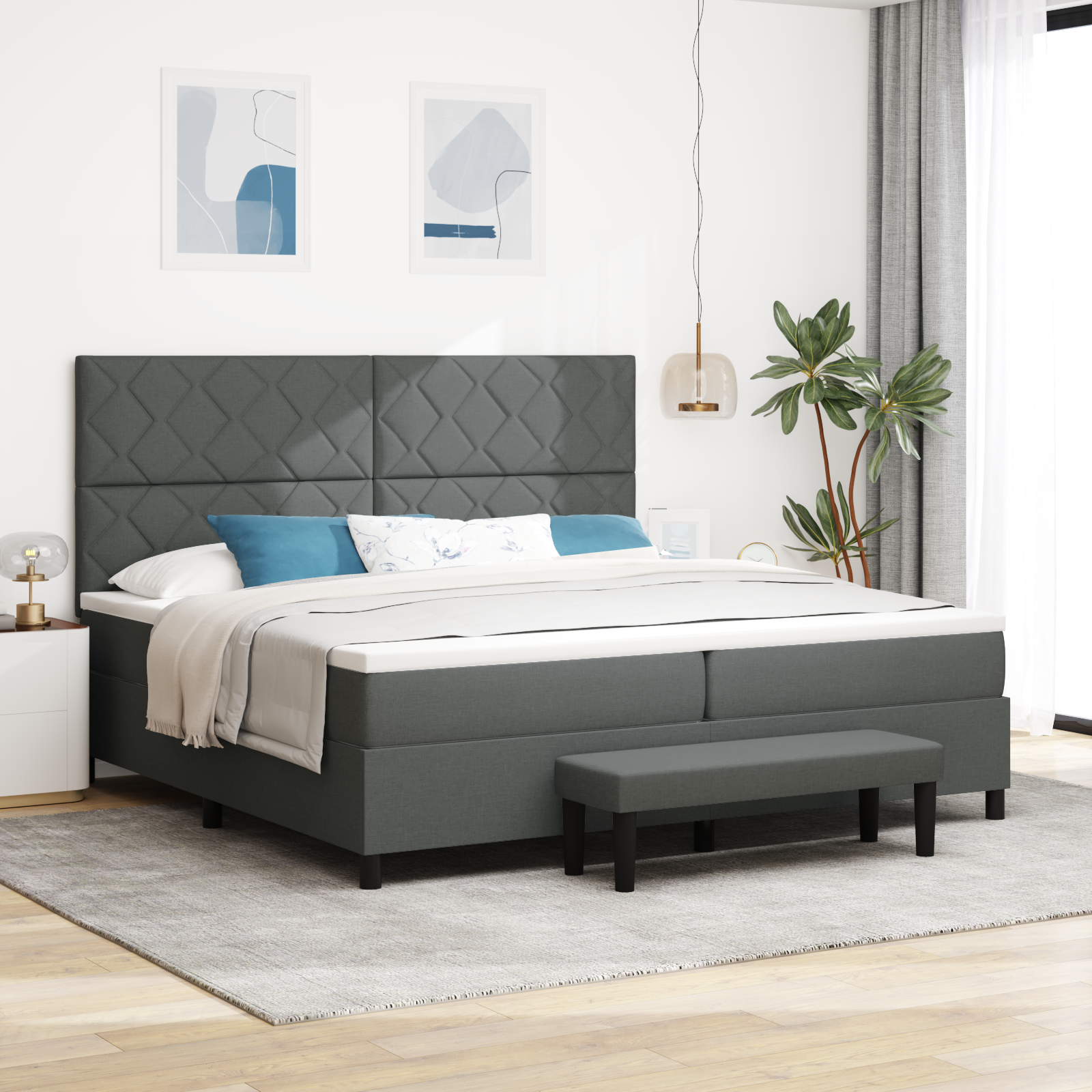 Letto box spring con materasso e panca grigio scuro 200x200 cm in tessuto