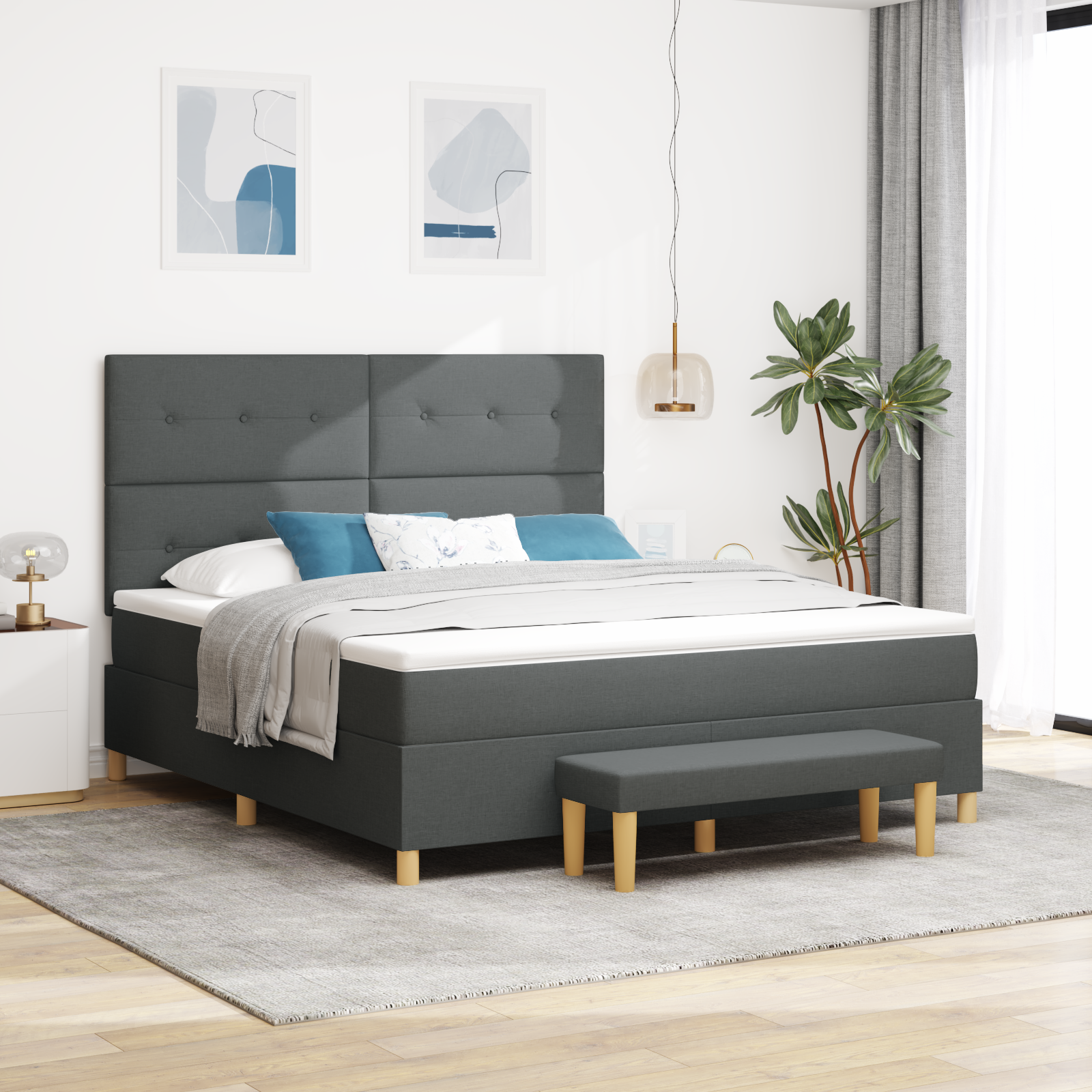 Letto Box Spring con Materasso e Panchina Grigio Scuro 180x200 cm Tessuto