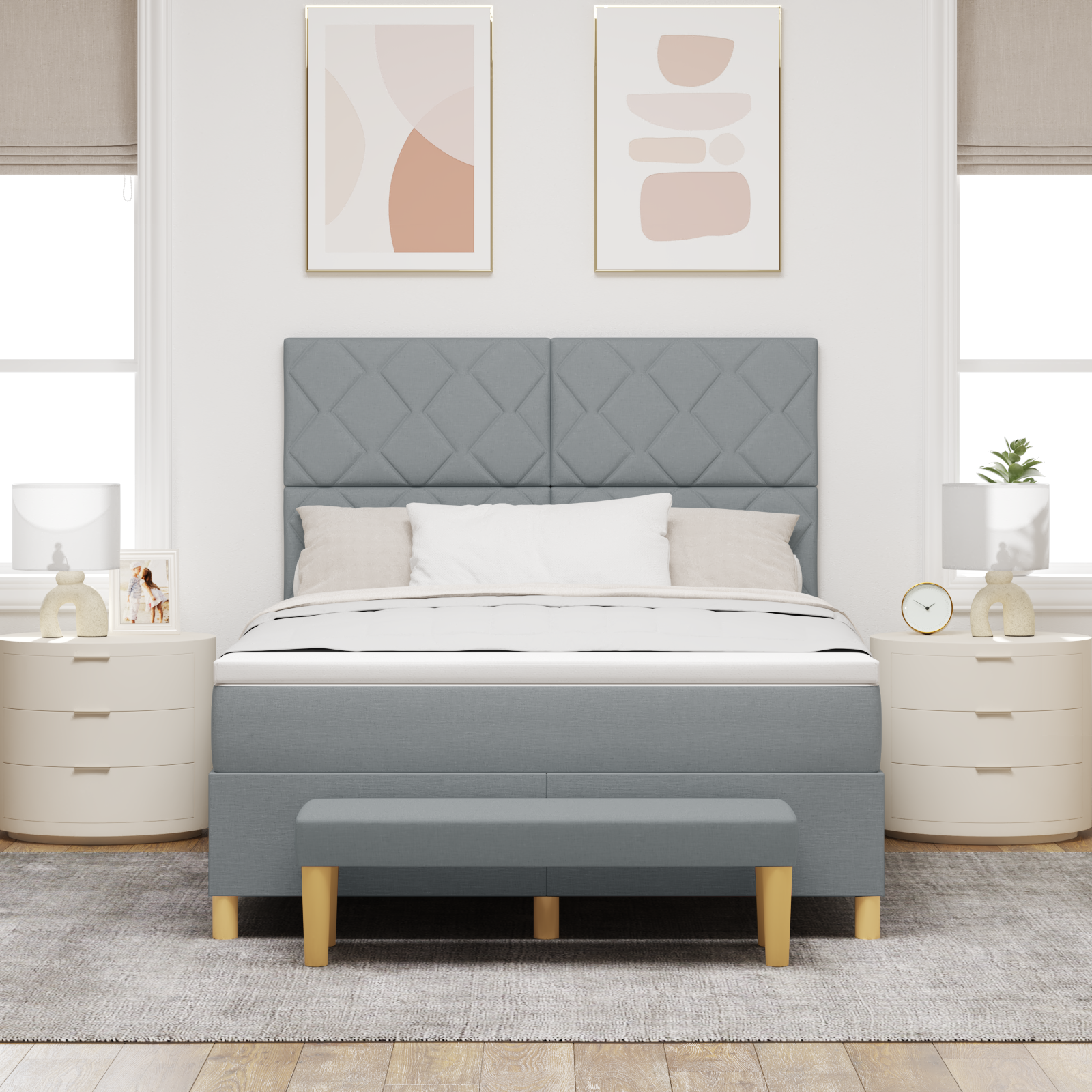 Dėžės pagrindo lova su čiužiniu ir suoleliu Šviesiai pilka 140x200 cm Audinys - Image 5