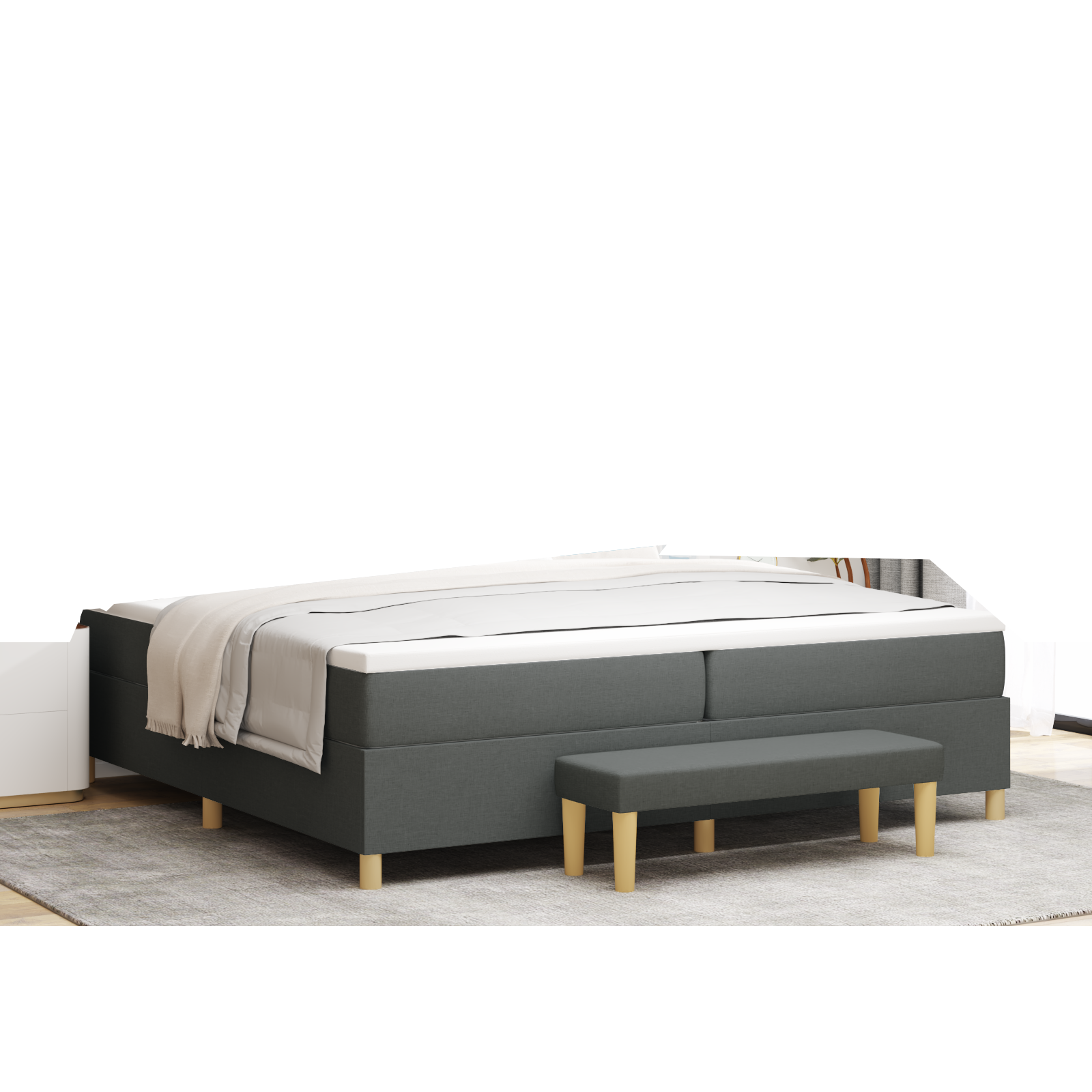 pakavimo spyruoklių lova su čiužiniu & suoleliu tamsiai pilka 200x200 cm audinyje