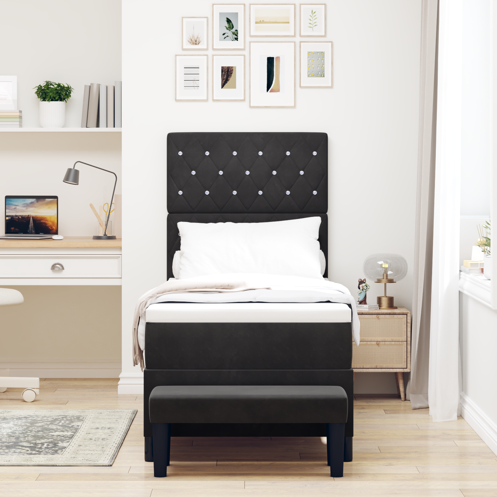 paklodės lova su čiužiniu ir suolu Juoda 80x200 cm Aksomas - Image 5