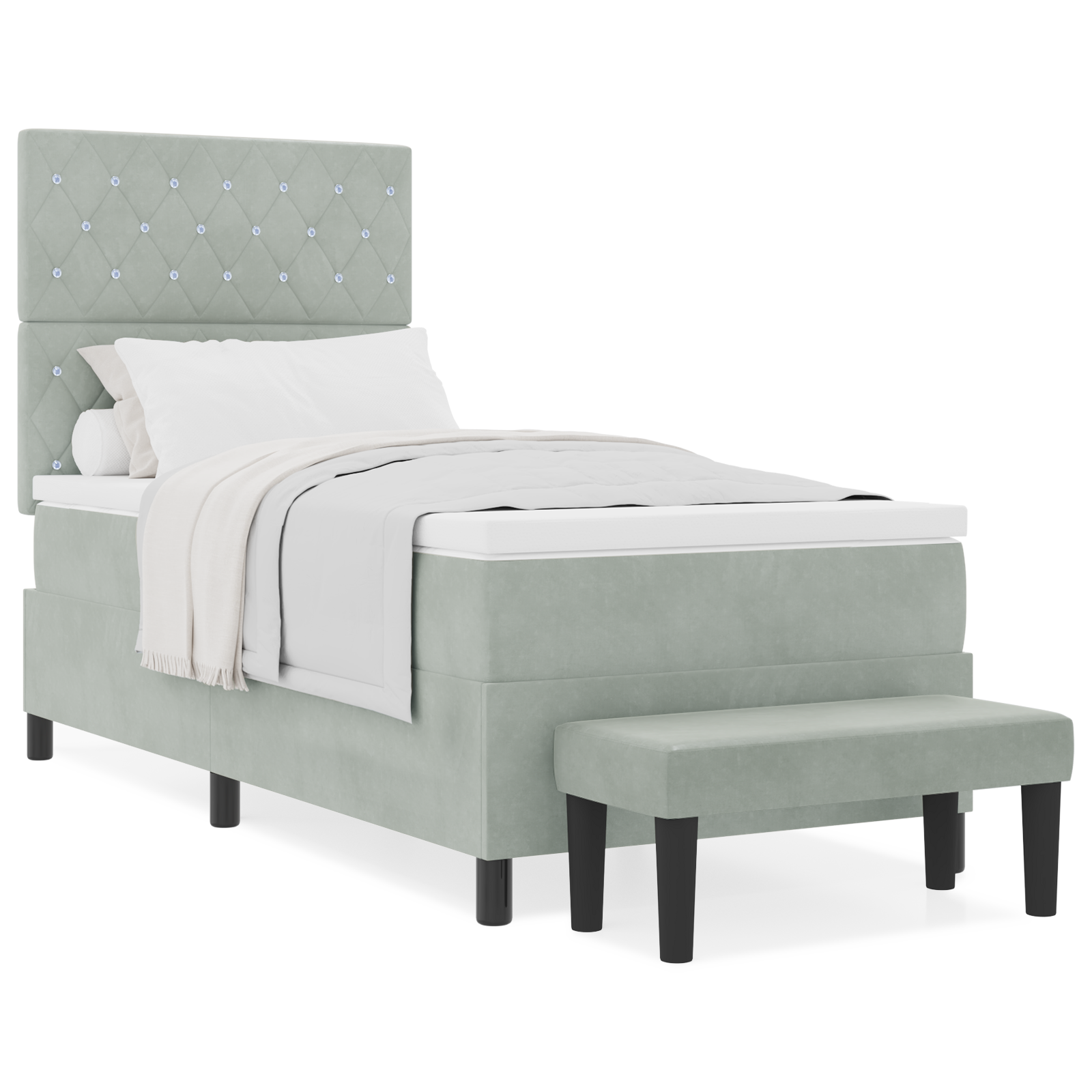 Bokštinis lovos rėmas su čiužiniu ir suoleliu, Šviesiai pilka 90x190 cm, Aksomas - Image 4