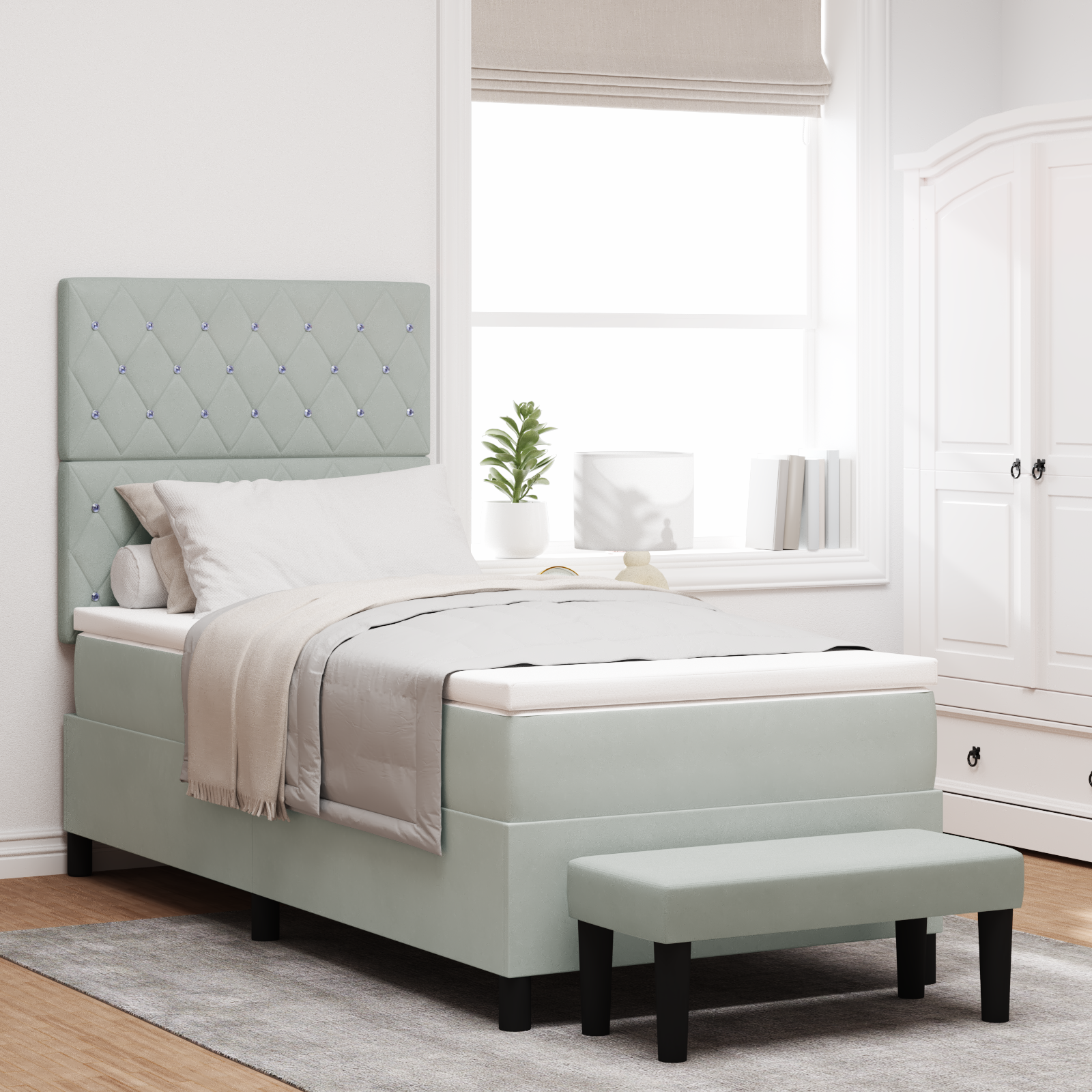 Bokštinis lovos rėmas su čiužiniu ir suoleliu, Šviesiai pilka 90x190 cm, Aksomas