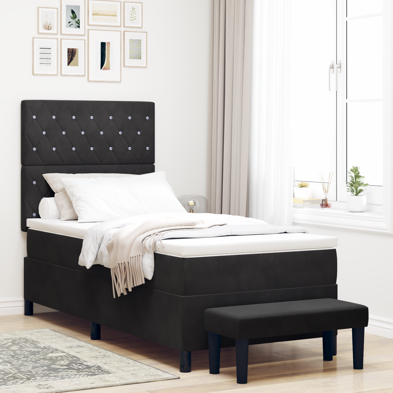 dėžinė lova su čiužiniu ir suolu Juoda 90x190 cm Aksomas