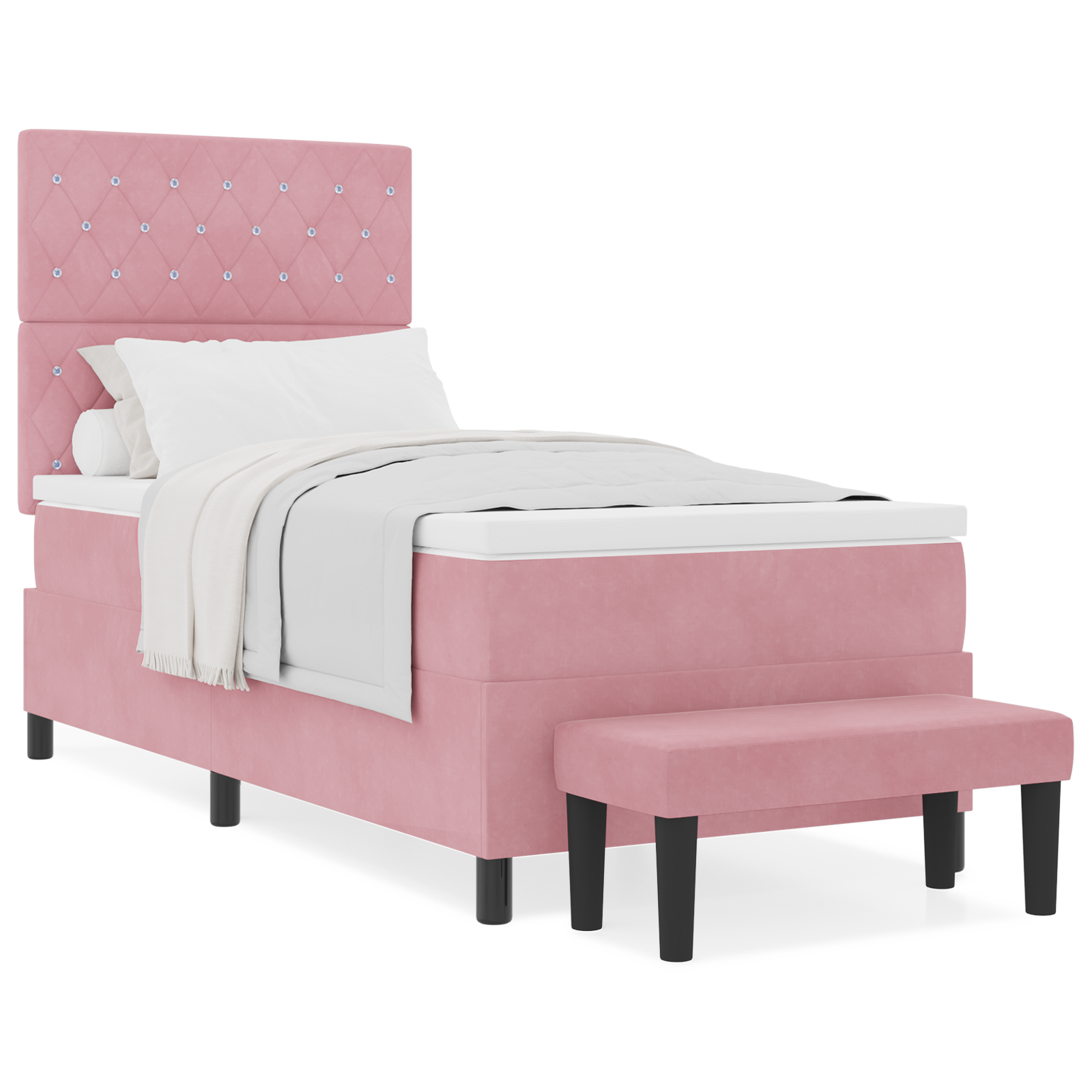 Box Spring Lova su Čiužiniu ir Suoliuku Rožinė 90x190 cm Aksomas - Image 4