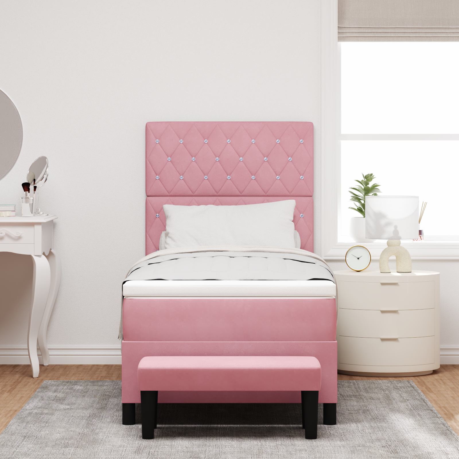 Box Spring Lova su Čiužiniu ir Suoliuku Rožinė 90x190 cm Aksomas - Image 5