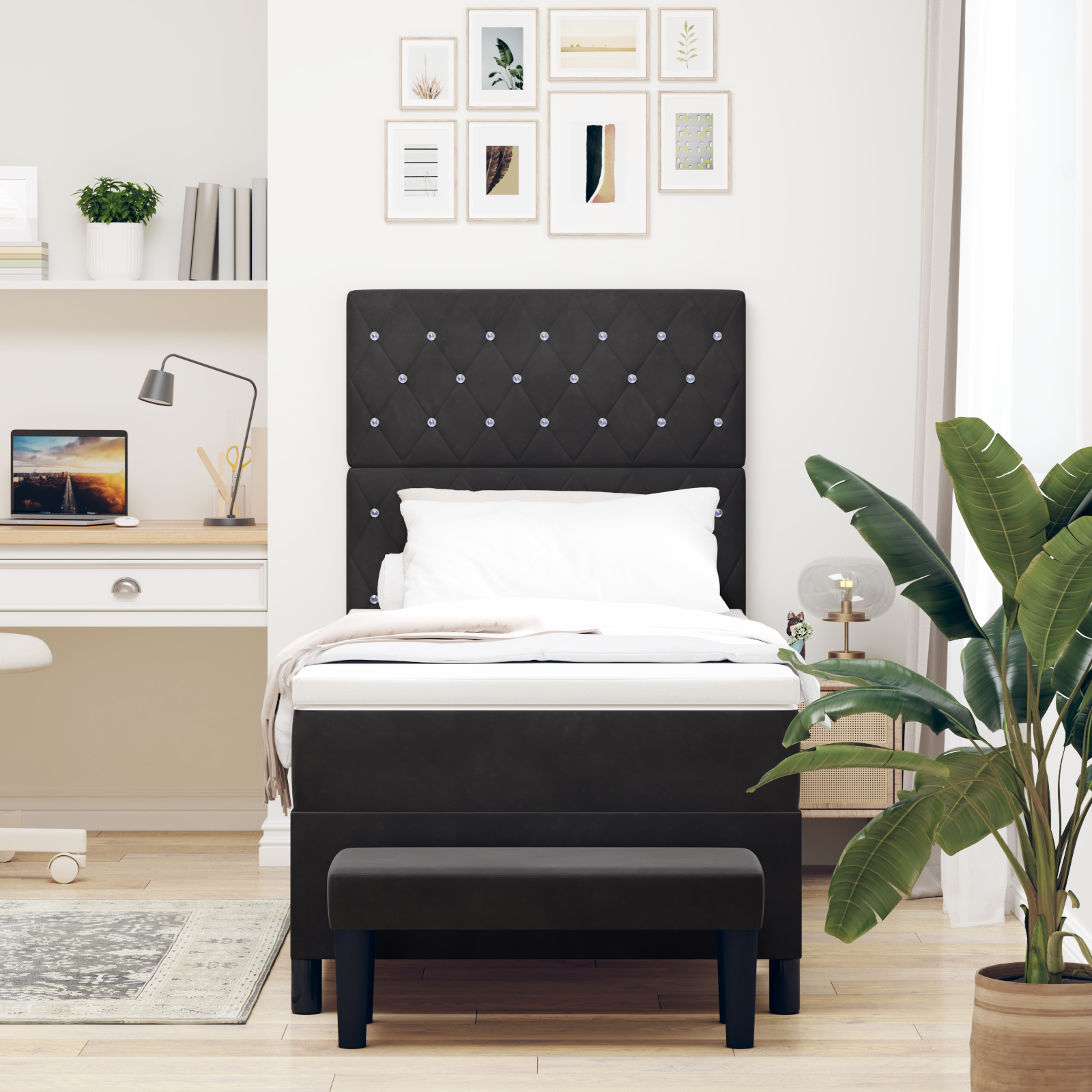 Juoda kastuvinė lova su čiužiniu ir suoleliu 90x200 cm - Image 5