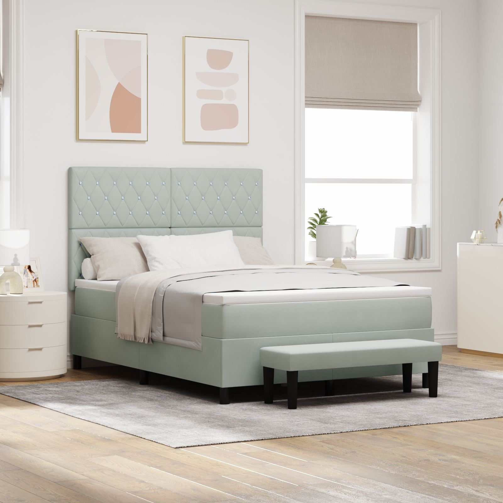 dėžės čiužinys su čiužiniu ir suolu šviesiai pilkos spalvos 140x190 cm aksomas