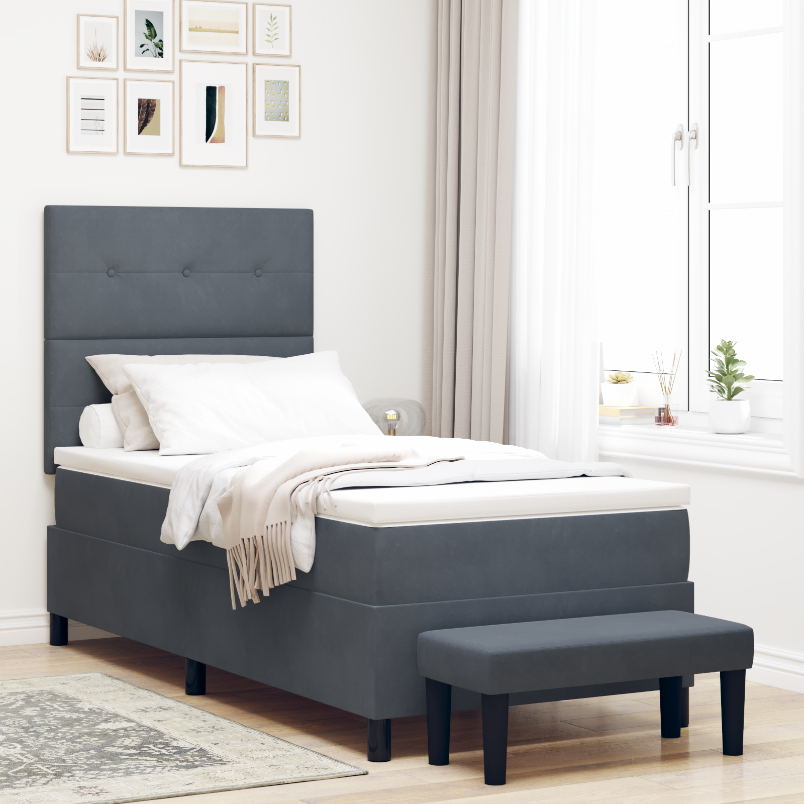 Thumbnail - vidaXL Boxspringbett mit Matratze & Bank Dunkelgrau 90x190 cm Samt