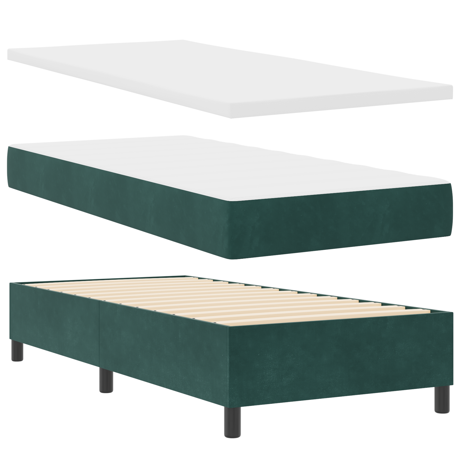 Box Spring lova su čiužiniu ir suoleliu Tamsiai žalia 90x190 cm Aksomas - Image 3