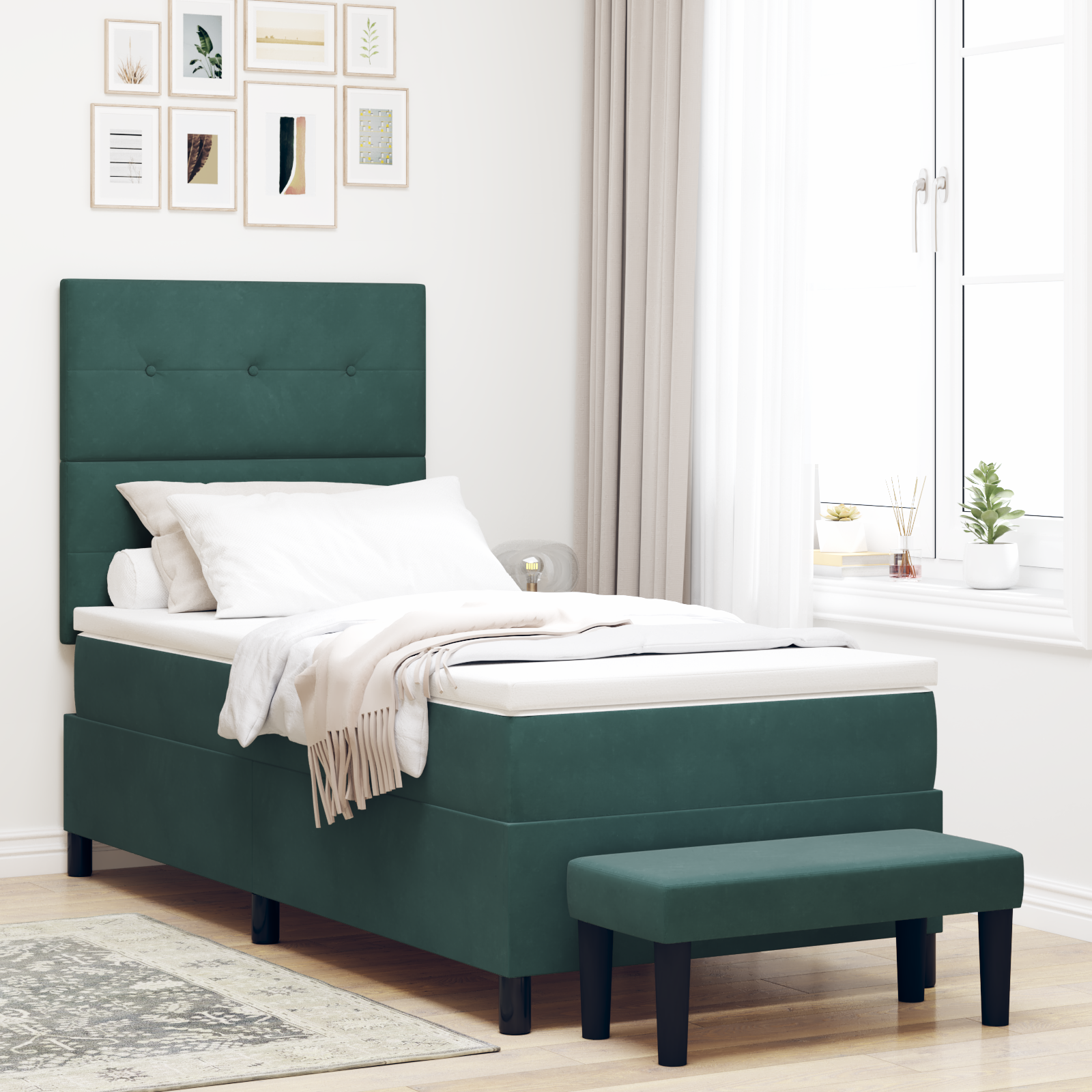Box Spring lova su čiužiniu ir suoleliu Tamsiai žalia 90x190 cm Aksomas