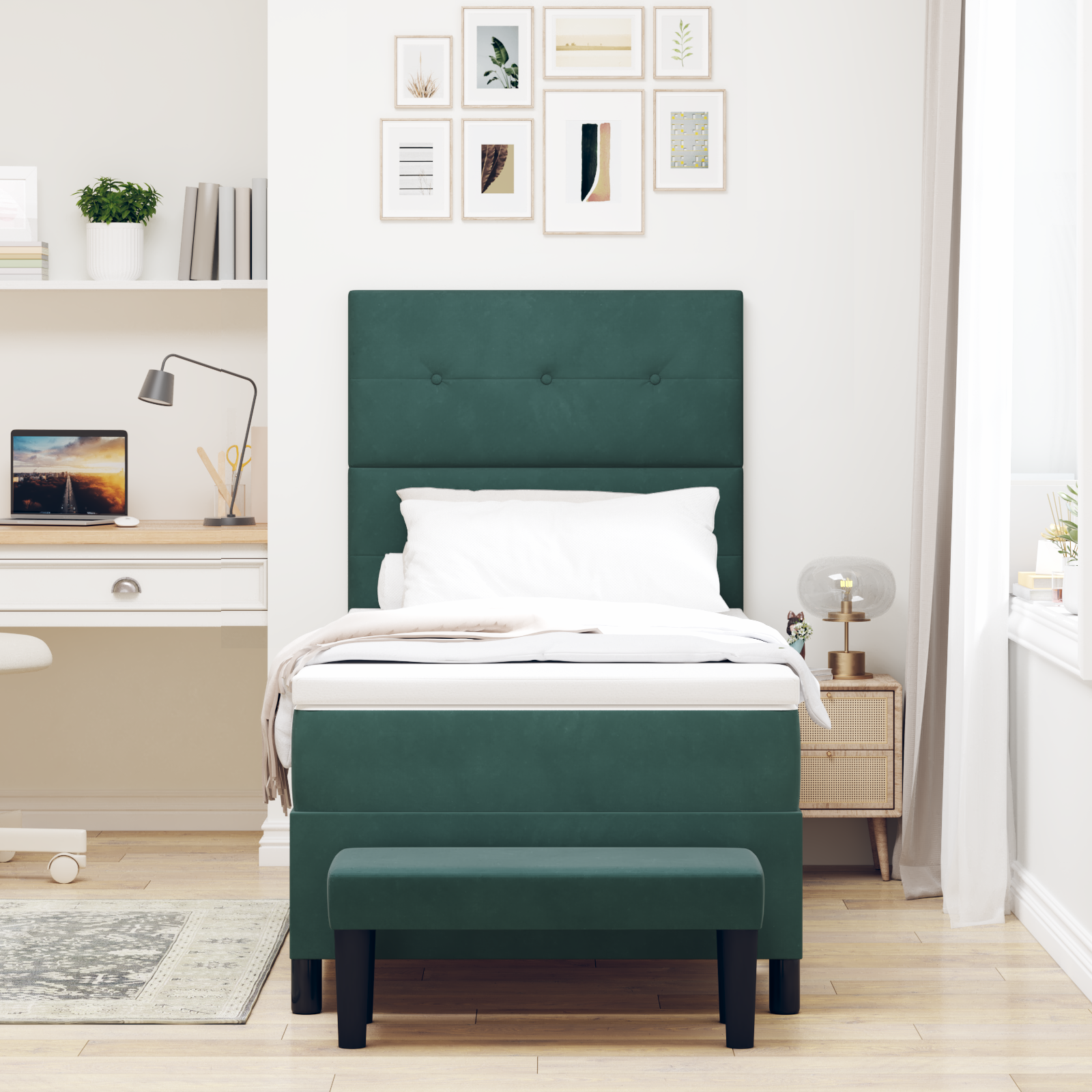 Box Spring lova su čiužiniu ir suoleliu Tamsiai žalia 90x190 cm Aksomas - Image 5