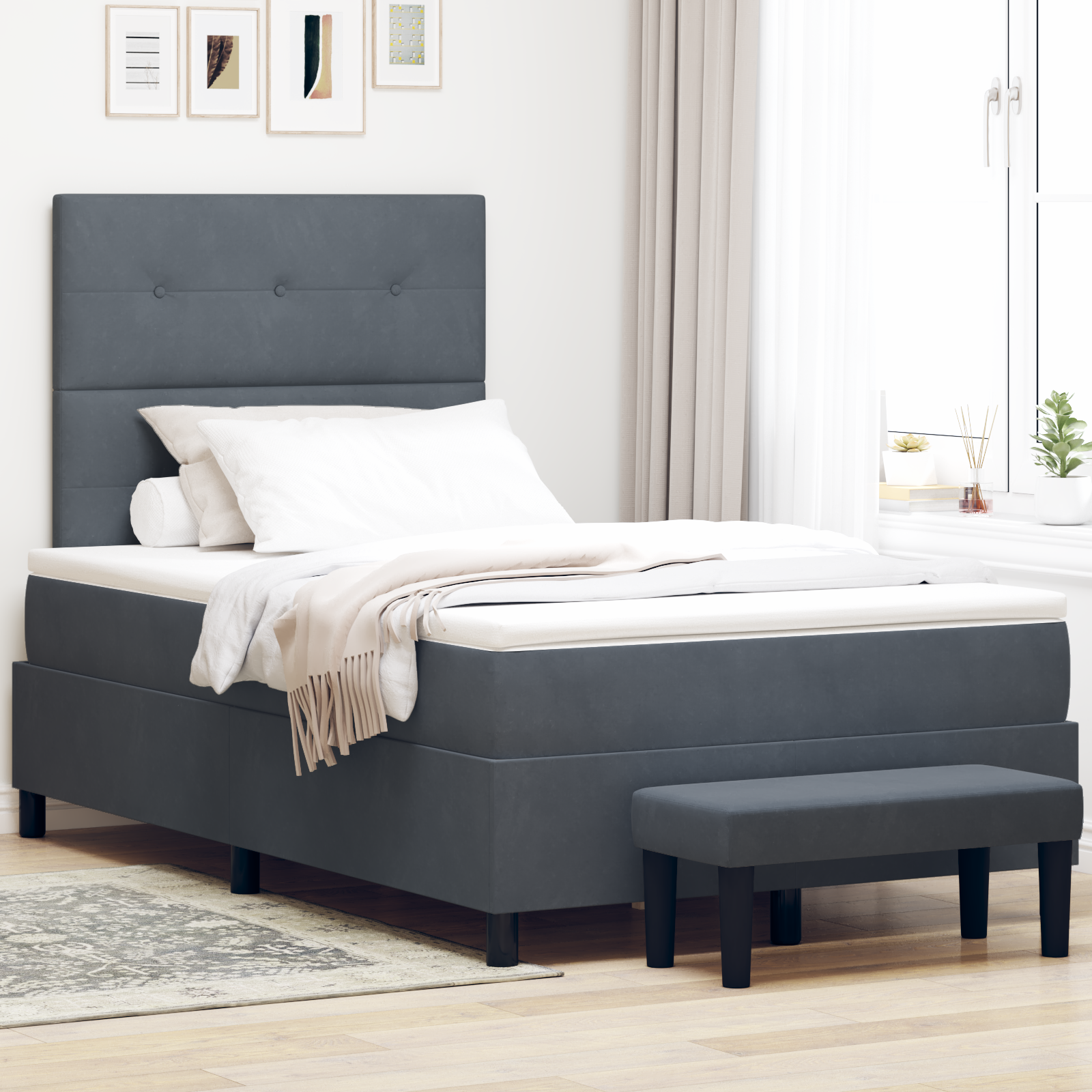 Letto a Box Spring con Materasso & Panca Grigio Scuro 120x200 cm Velluto